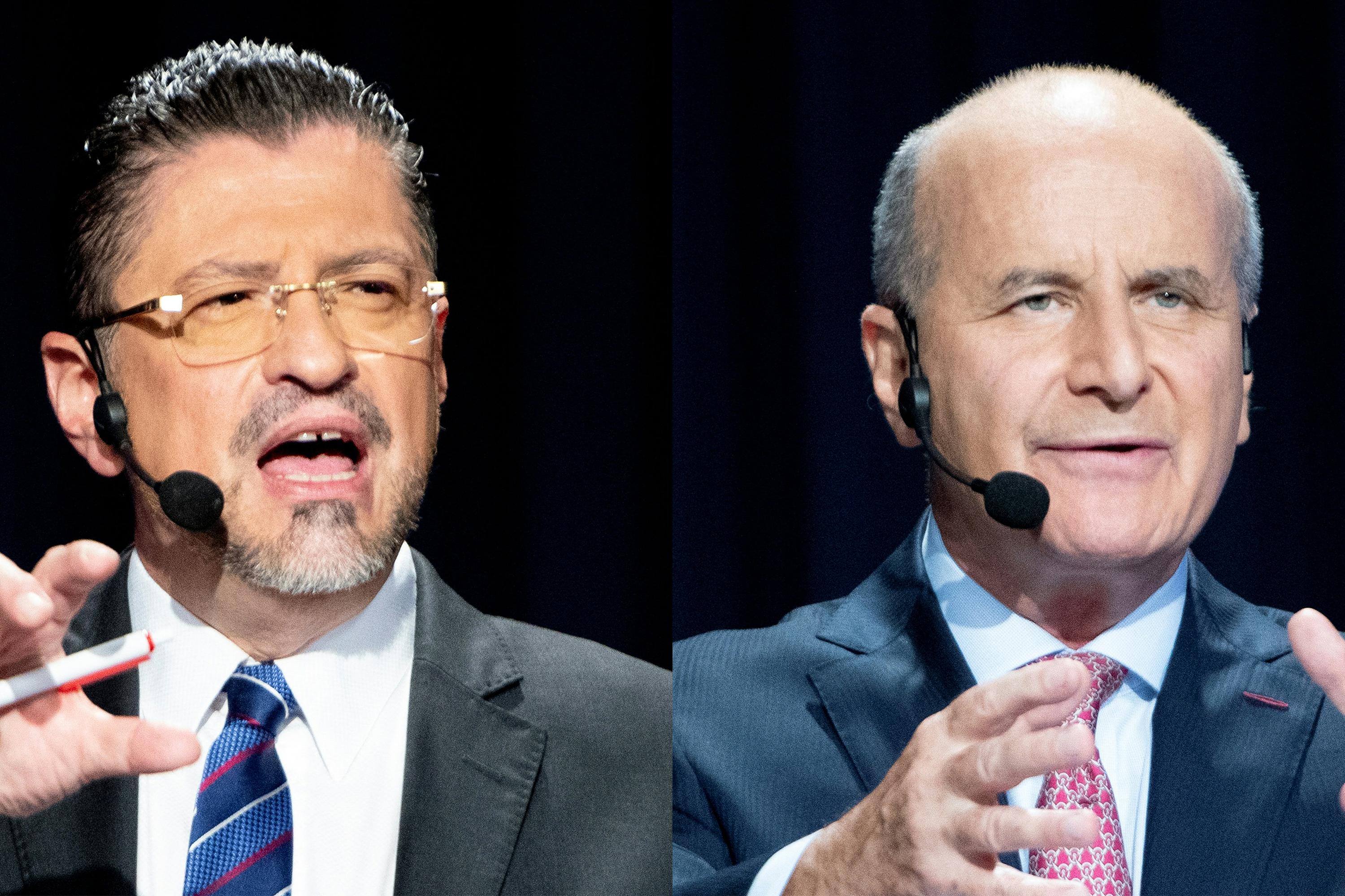 Right-wing former finance minister Rodrigo Chaves (left) defeated José María Figueres on Sunday in Costa Rica's presidential elections on Apr. 3, 2022. Chaves held a close to six percentage point lead in provisional results over Figueres, the centrist former president. Photo: Ezequiel Becerra/AFP