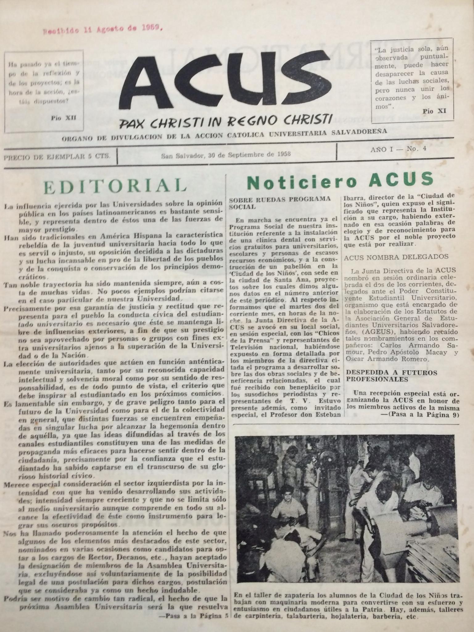 Portada de ACUS Pax Christi in Regno Christi Órgano de Divulgación de la Acción Católica Universitaria Salvadoreña , San Salvador, 30 de Septiembre de 1958, Año I No. 4.