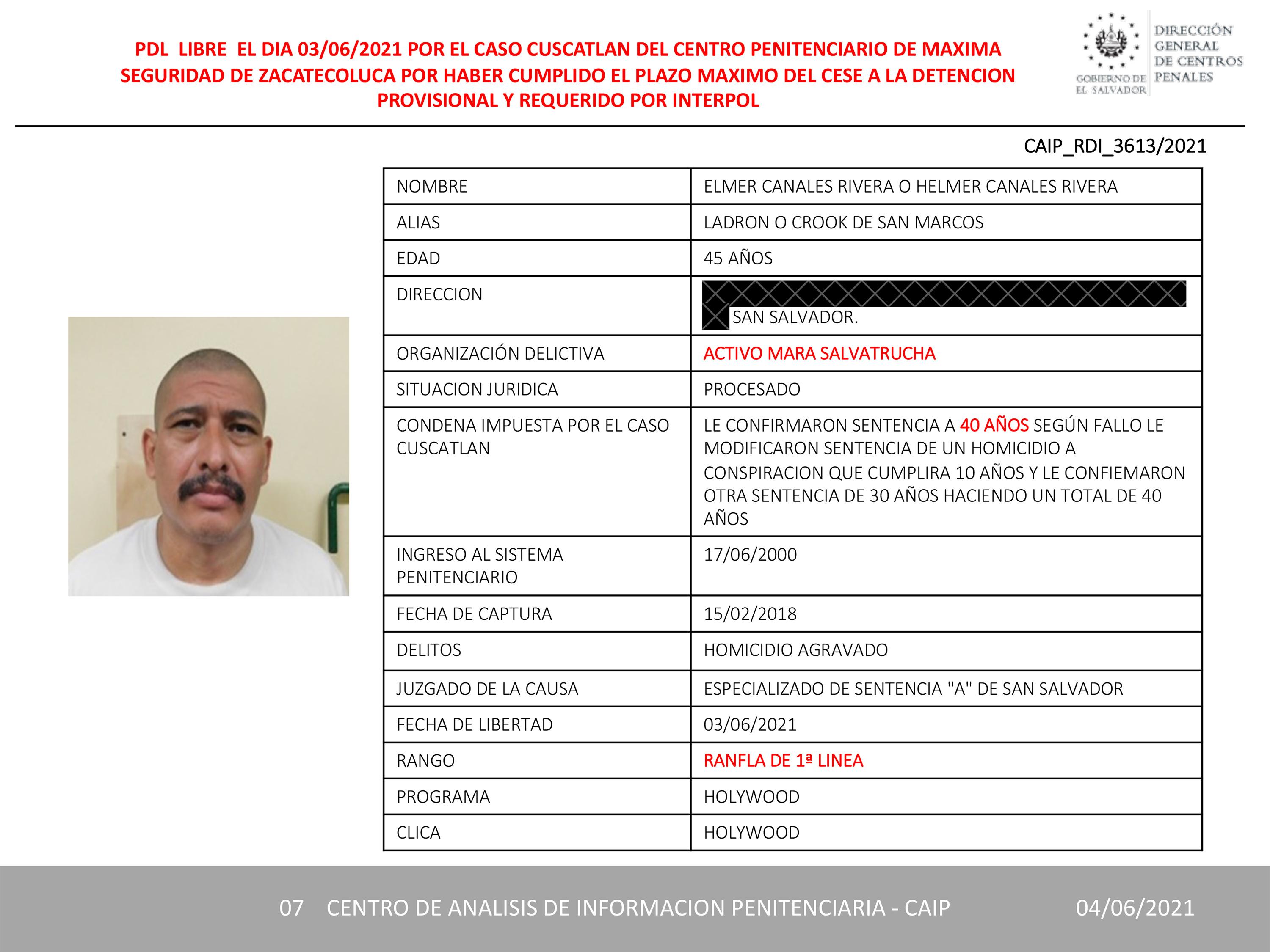 Esta ficha policial, filtrada por Guacamaya y obtenida por El Faro, revela que para junio de 2021 la Policía Nacional Civil de El Salvador sabía que Élmer Canales Rivera, Crook, debía 40 años de cárcel por dos homicidios en el caso Cuscatlán. Salió de la cárcel cuatro meses después, en noviembre, revelan otros documentos filtrados.