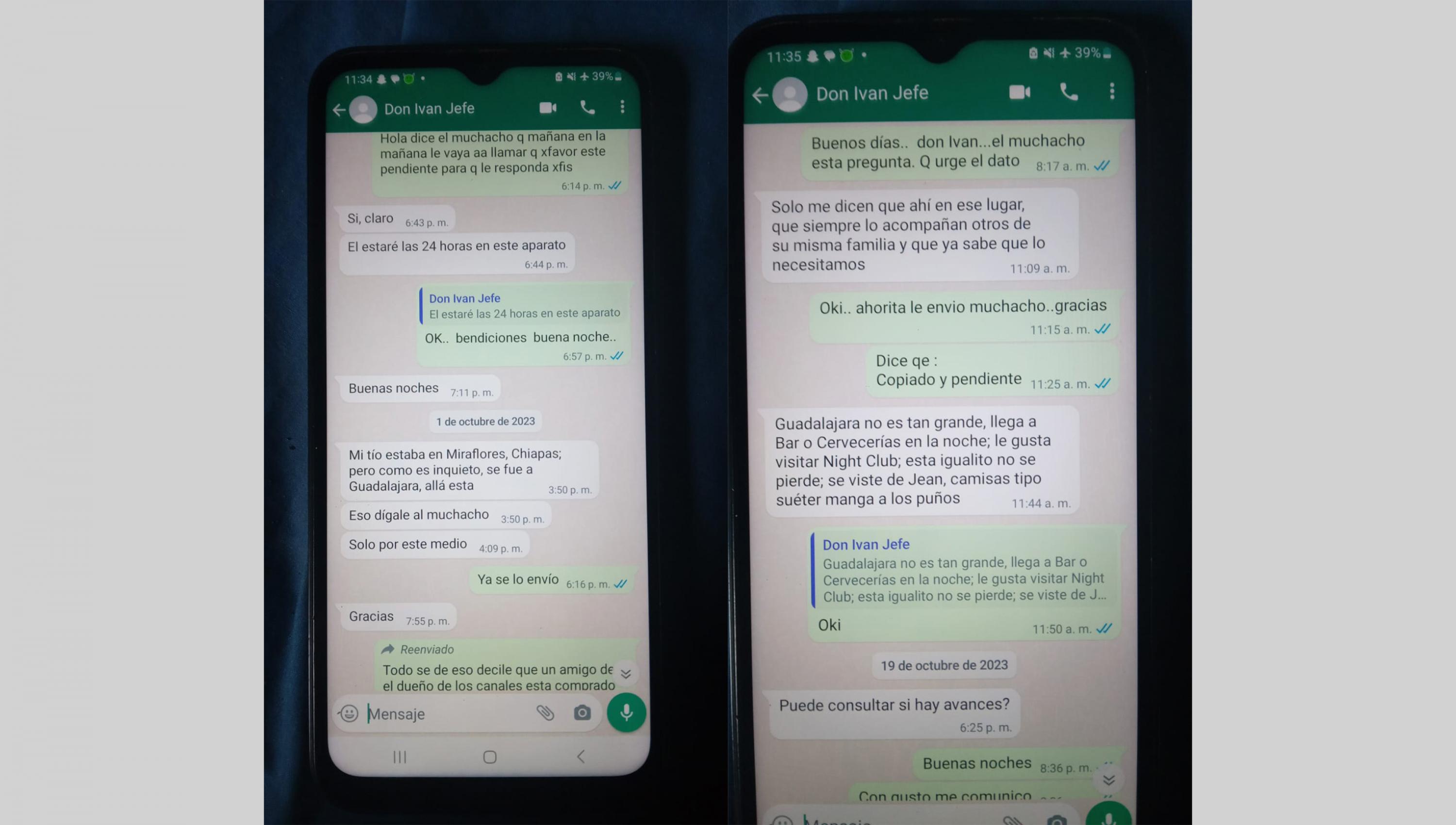 Imagen de los mensajes en los cuáles el inspector Escuintla filtró a la hermana de Rafa información de inteligencia sobre la ubicación de Crook en México, en teoría para hacer más fácil que el Cartel Jalisco Nueva Generación pudiera recapturar al líder de la MS-13.