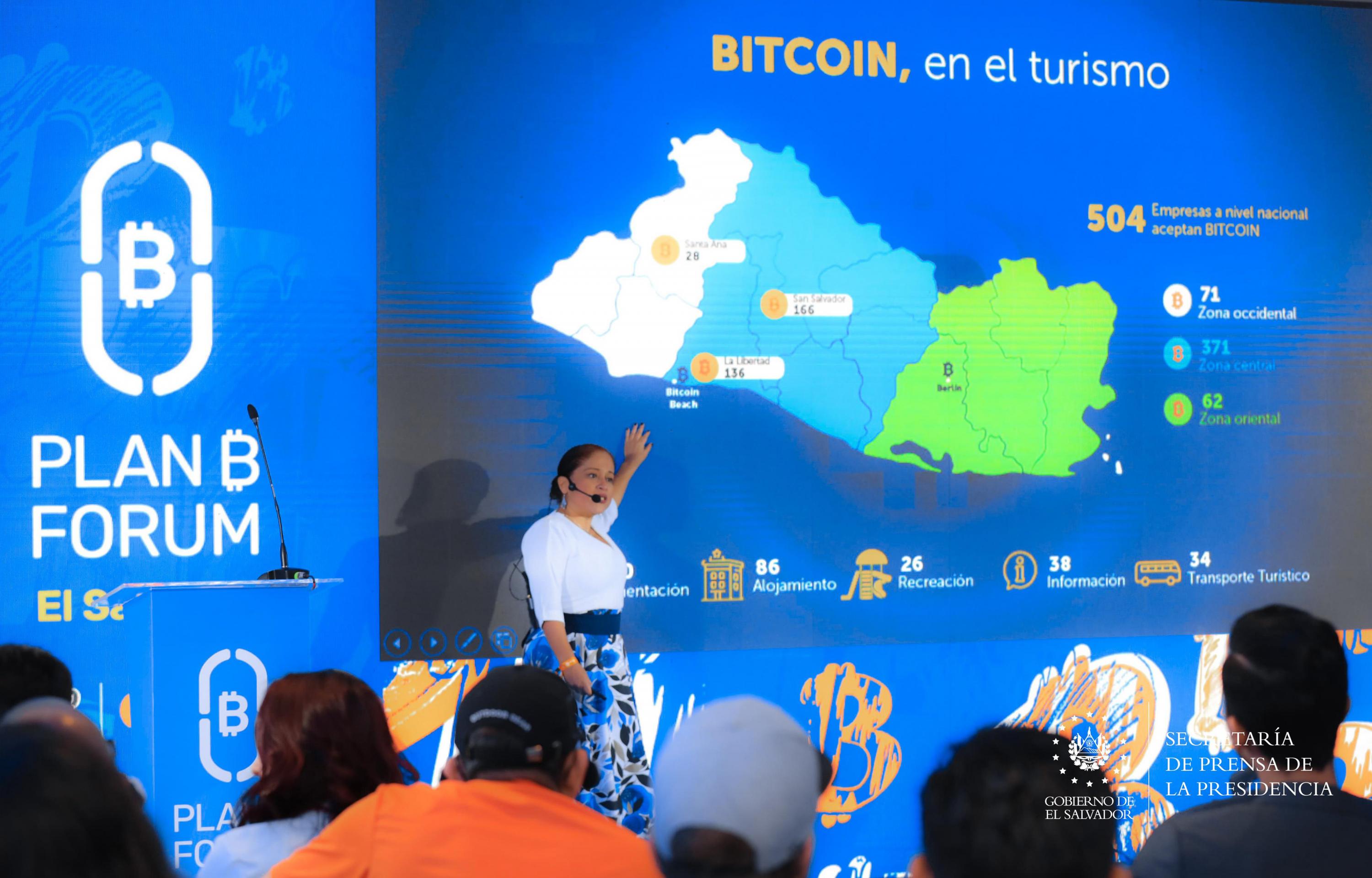 Morena Valdez, la ministra de Turismo, expuso que 504 negocios aceptan bitcoin como pago en todo el país, menos del 1 % de las empresas registradas en el país, durante su participación en la conferencia Plan B Forum, el 31 de enero de 2025. Foto: Secretaría de Prensa de la Presidencia.