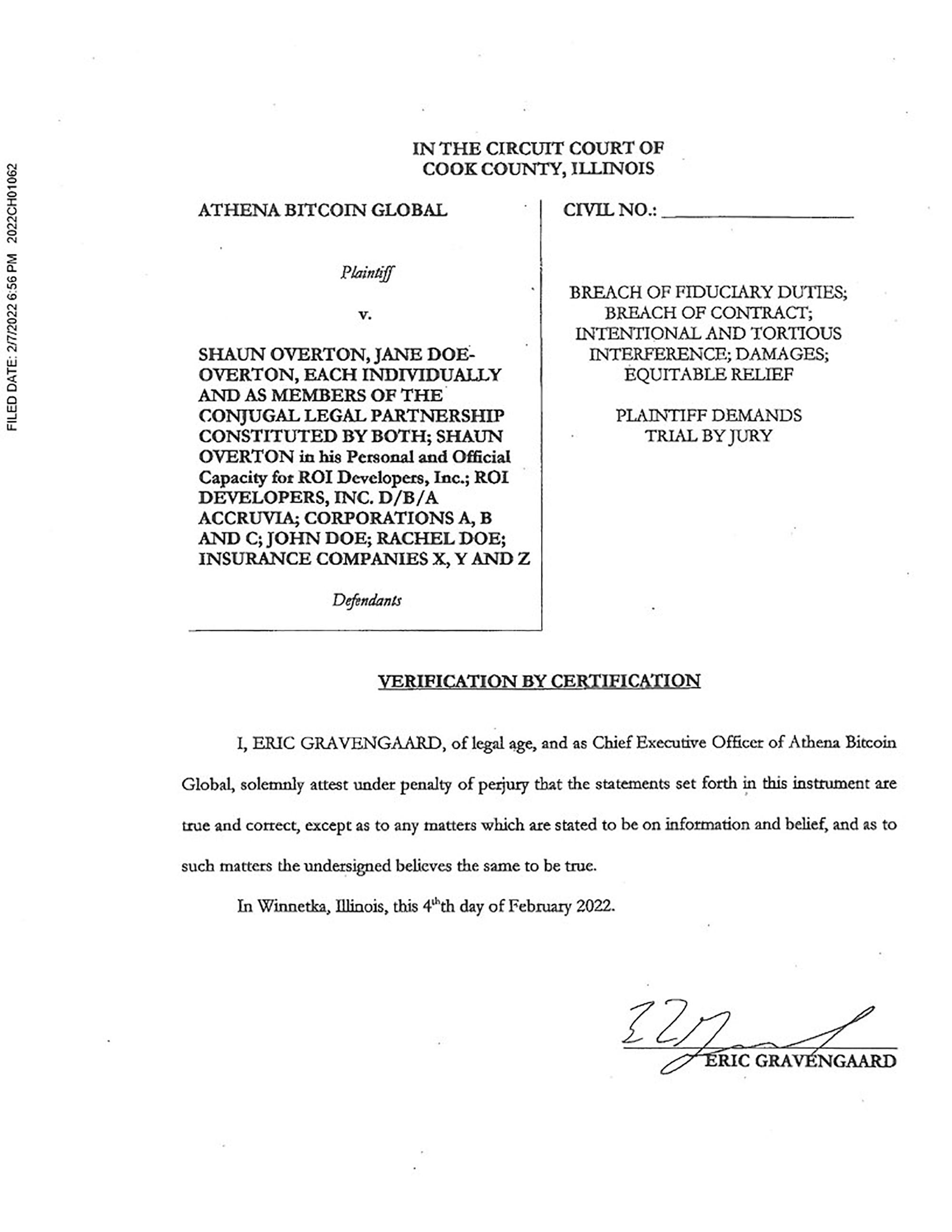 En febrero de 2022, Athena contrademandó a Shaun Overton y le atribuyó un sabotaje y filtración de información al cliente (el Goes) y a terceros.