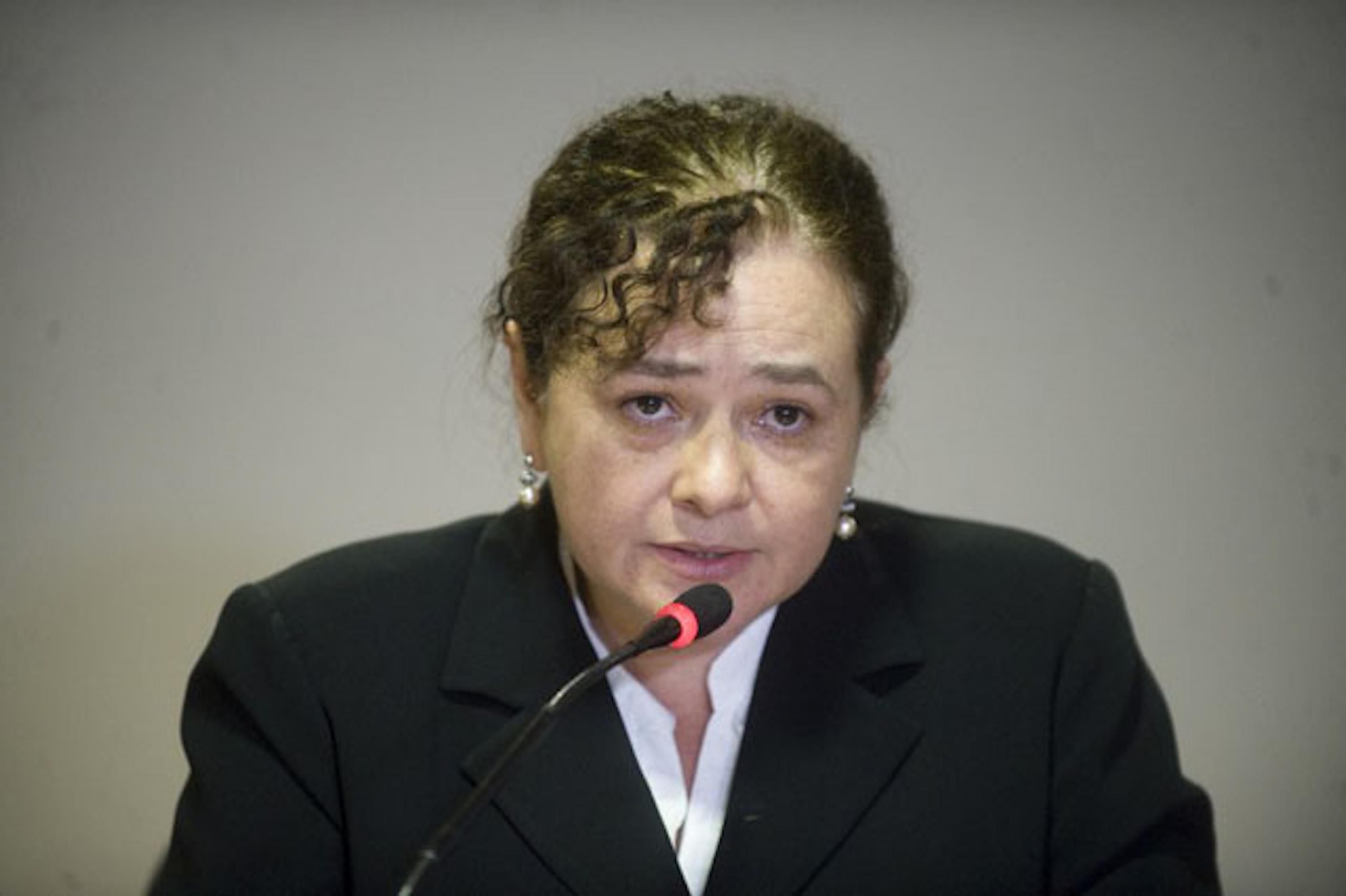 Guatemalan Attorney General Claudia Paz gives a press conference on Oct. 11, 2012 in Guatemala City regarding the responsibility of colonel Juan Chiroy Sal and seven members of the military in the death of eight Indigenous protestors in the Santa Catarina Ixtahuacán, Sololá. Photo Johan Ordóñez/AFP