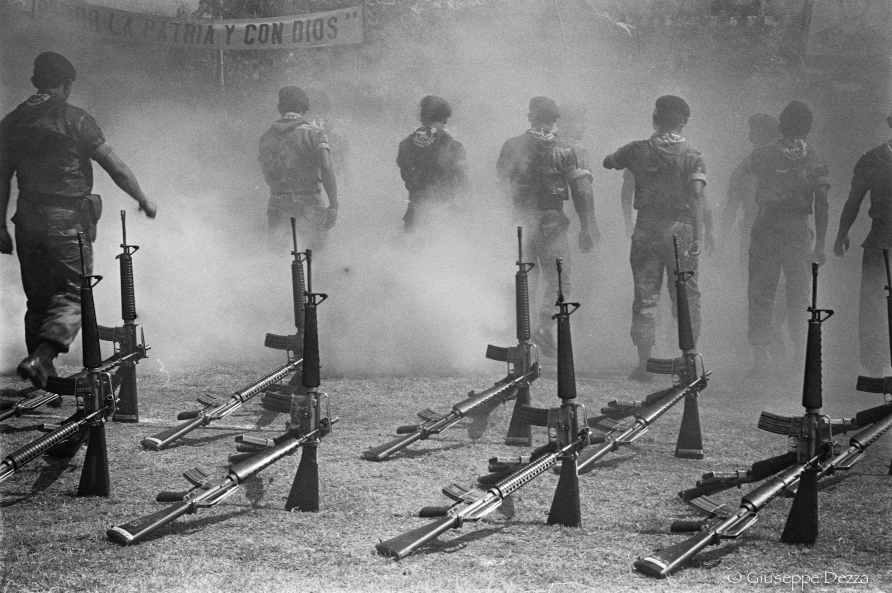 1992. Ceremony of dissolution of the Atlacatl, as agreed upon in the Salvadoran Peace Accords. Trained by the United States, Atlacatl was one of five rapid-reaction battalions (BIRI) responsible for the El Mozote massacre and other grave human rights violations during the country