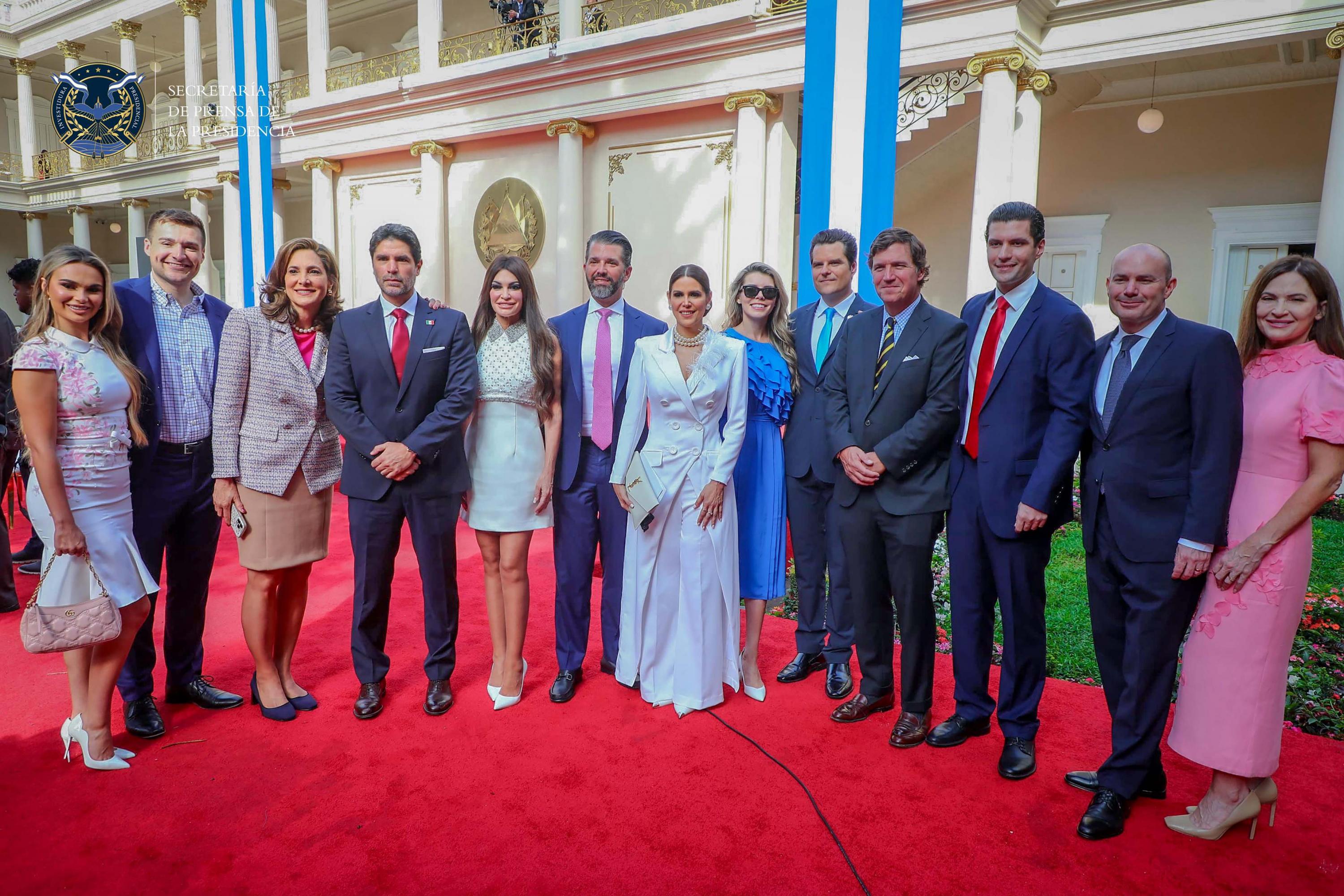 Donald Trump Jr. (middle-left, pink tie) in San Salvador with a group of Trump-aligned U.S. legislators and political influencers for Nayib Bukele