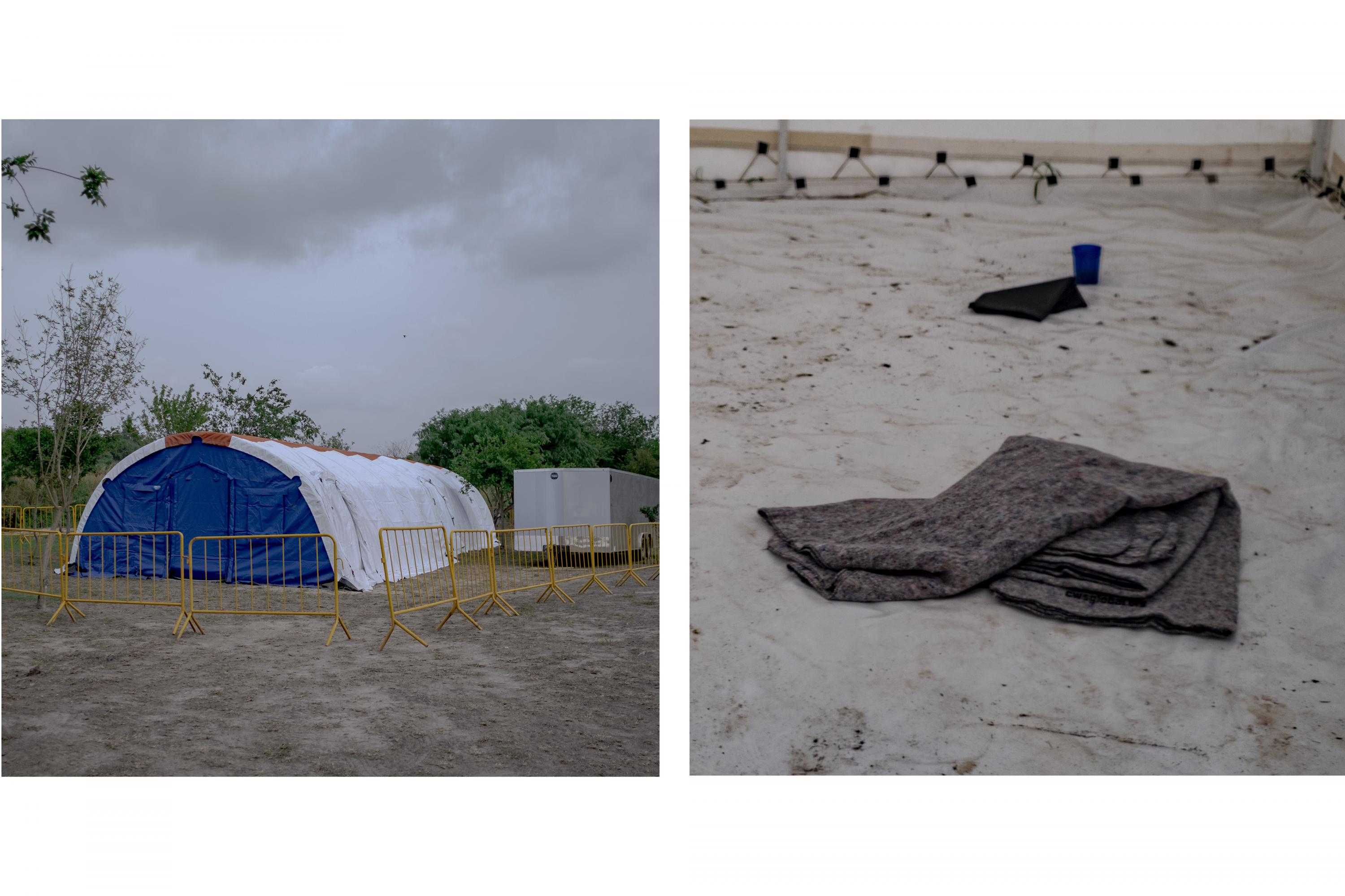 (Izquierda) Hospital móvil instalado a un lado del campamento para futuros pacientes infectados con covid-19 en el campamento de migrantes. El hospital cuenta con 20 camas y con un respirador. La unidad médica fue instalada por la organización Global Response Management. (Derecha) Interior de la carpa de aislamiento para posibles casos de contagio. 
