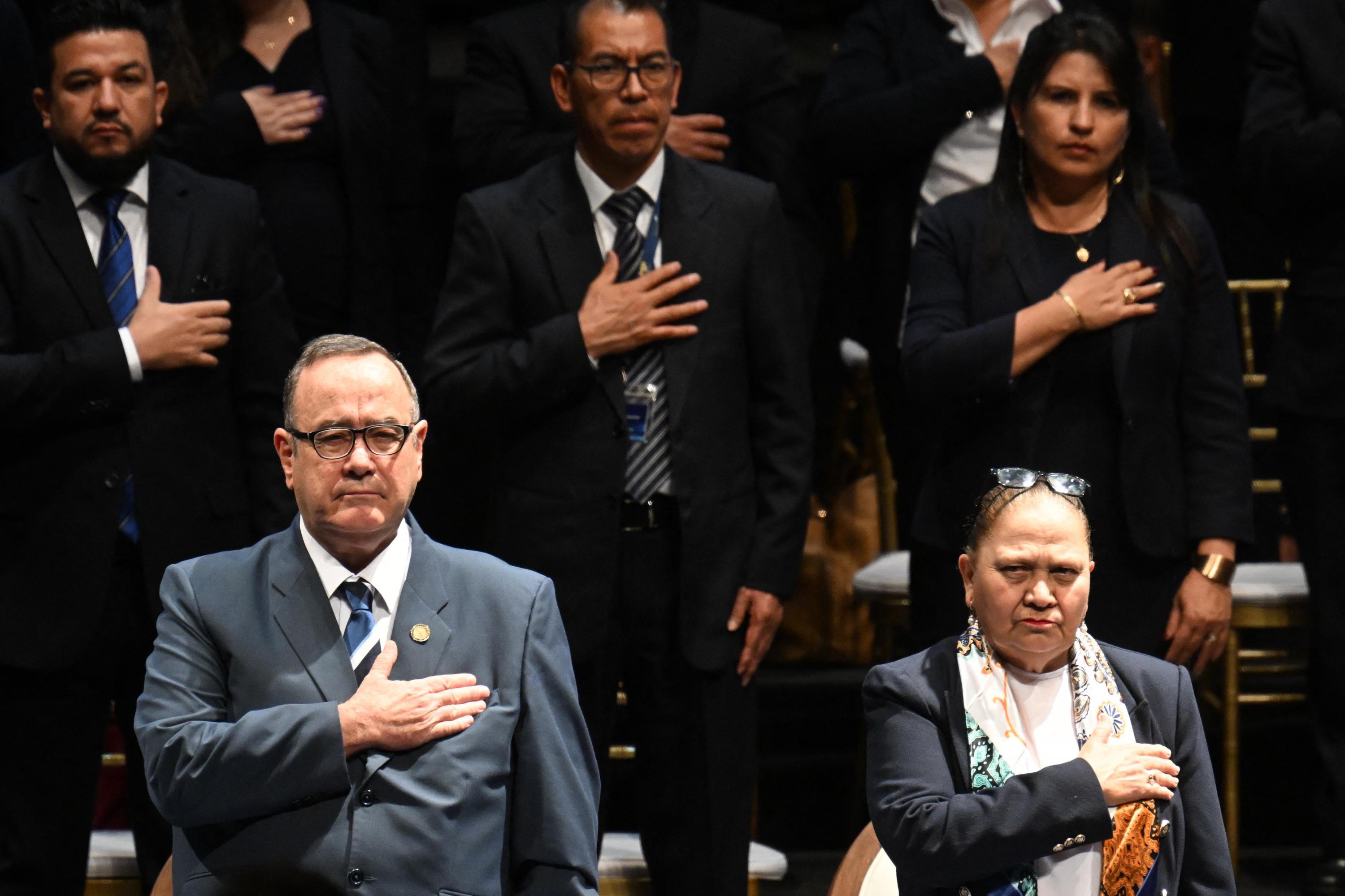 President Alejandro Giammattei and Attorney General María Consuelo Porras attend the presentation of the annual report of the Public Prosecutor