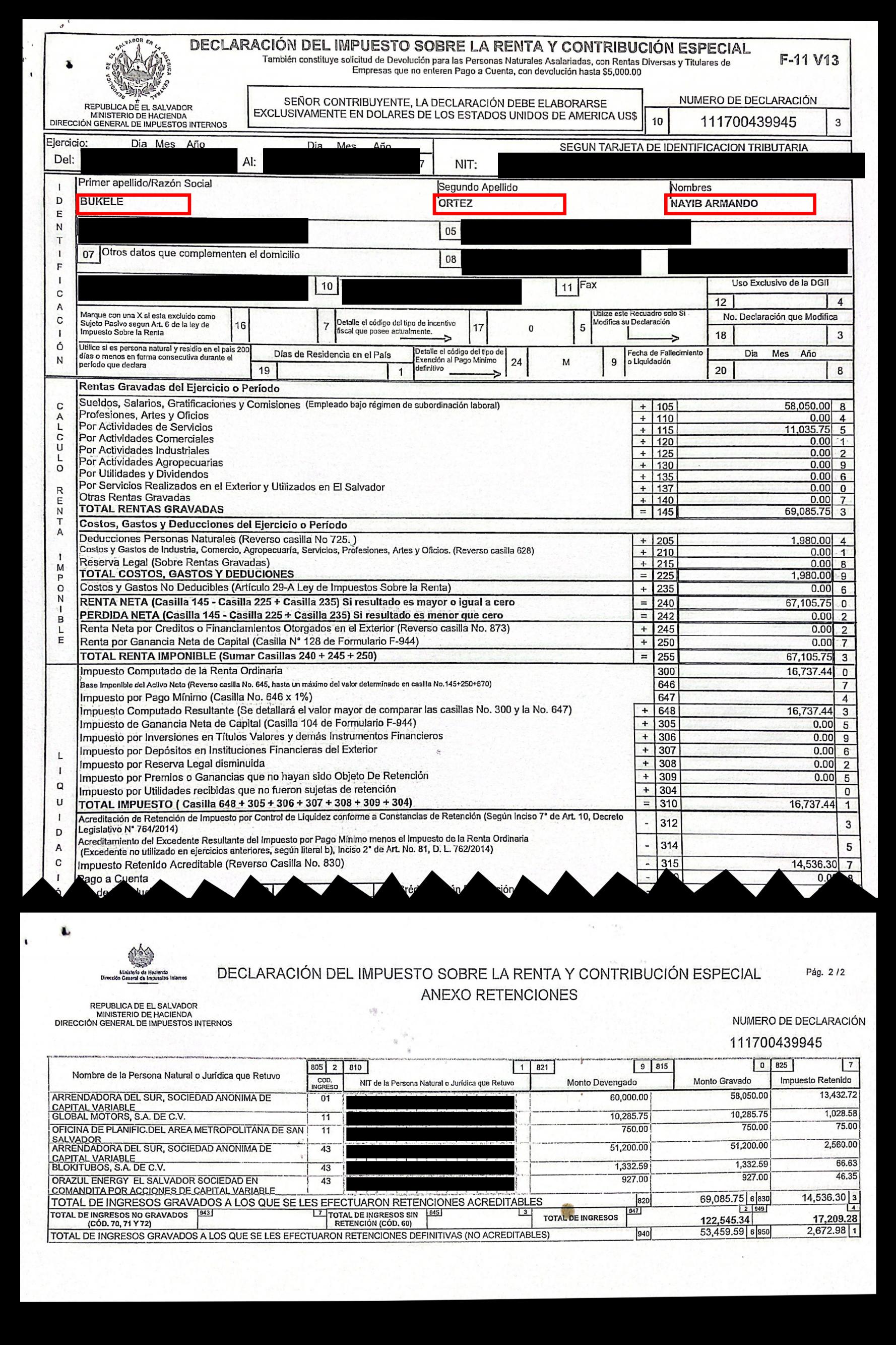 Declaración del Impuesto sobre la renta de Nayib Bukele de 2017.