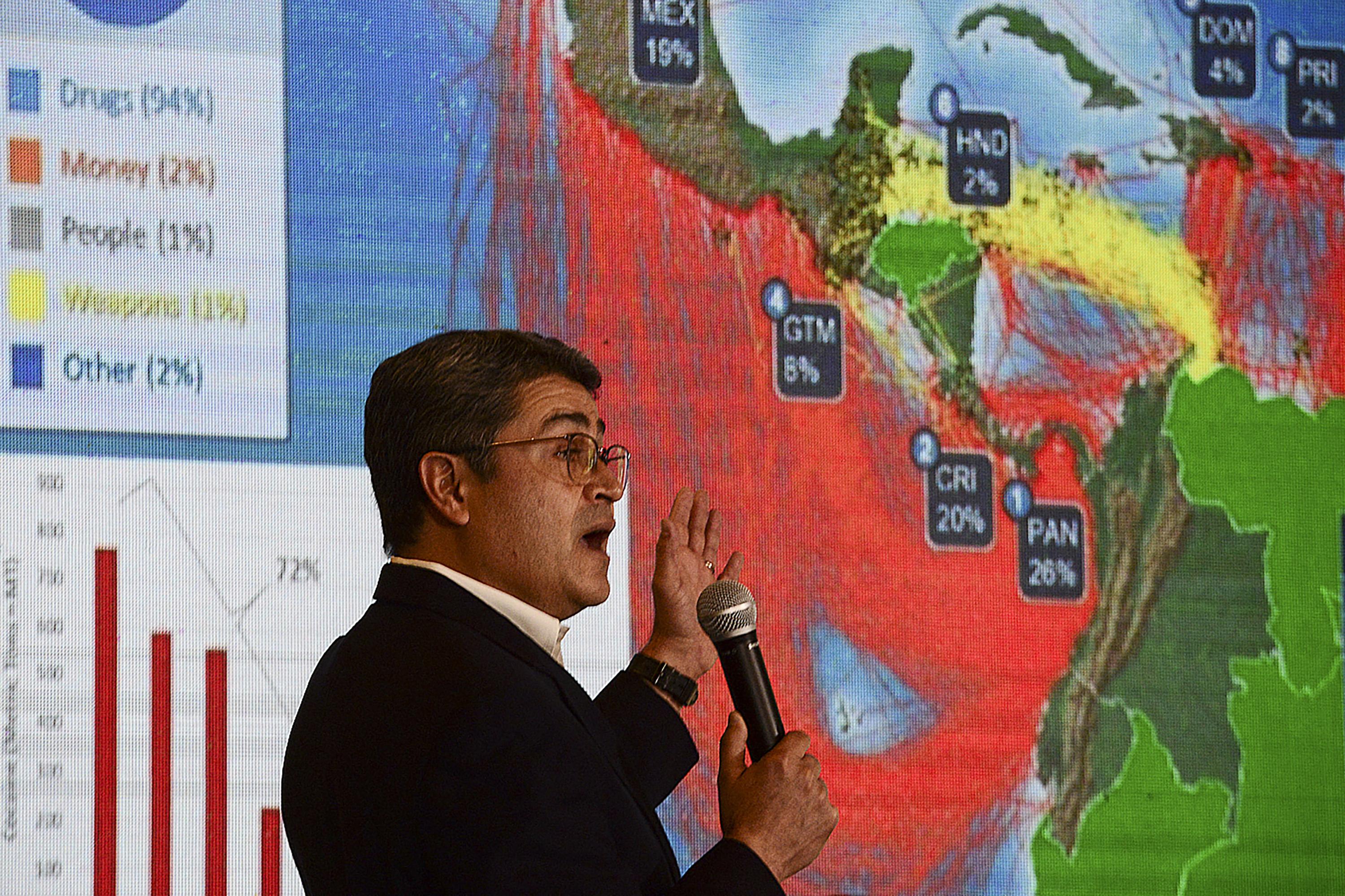 El expresidente de Honduras Juan Orlando Hernandez, durante una conferencia de prensa en casa presidencial el 24 de marzo del 2021, en Tegucigalpa. Durante aquella comparecencia, Hernández dijo que grabaciones realizadas por la Agencia Antidrogas de Estados Unidos (DEA) en 2013 demostraban que las acusaciones de narcotráfico hechas contra él en un tribunal de Nueva York por capos encarcelados eran “falso testimonio”. Foto de El Faro/AFP Orlando Sierra