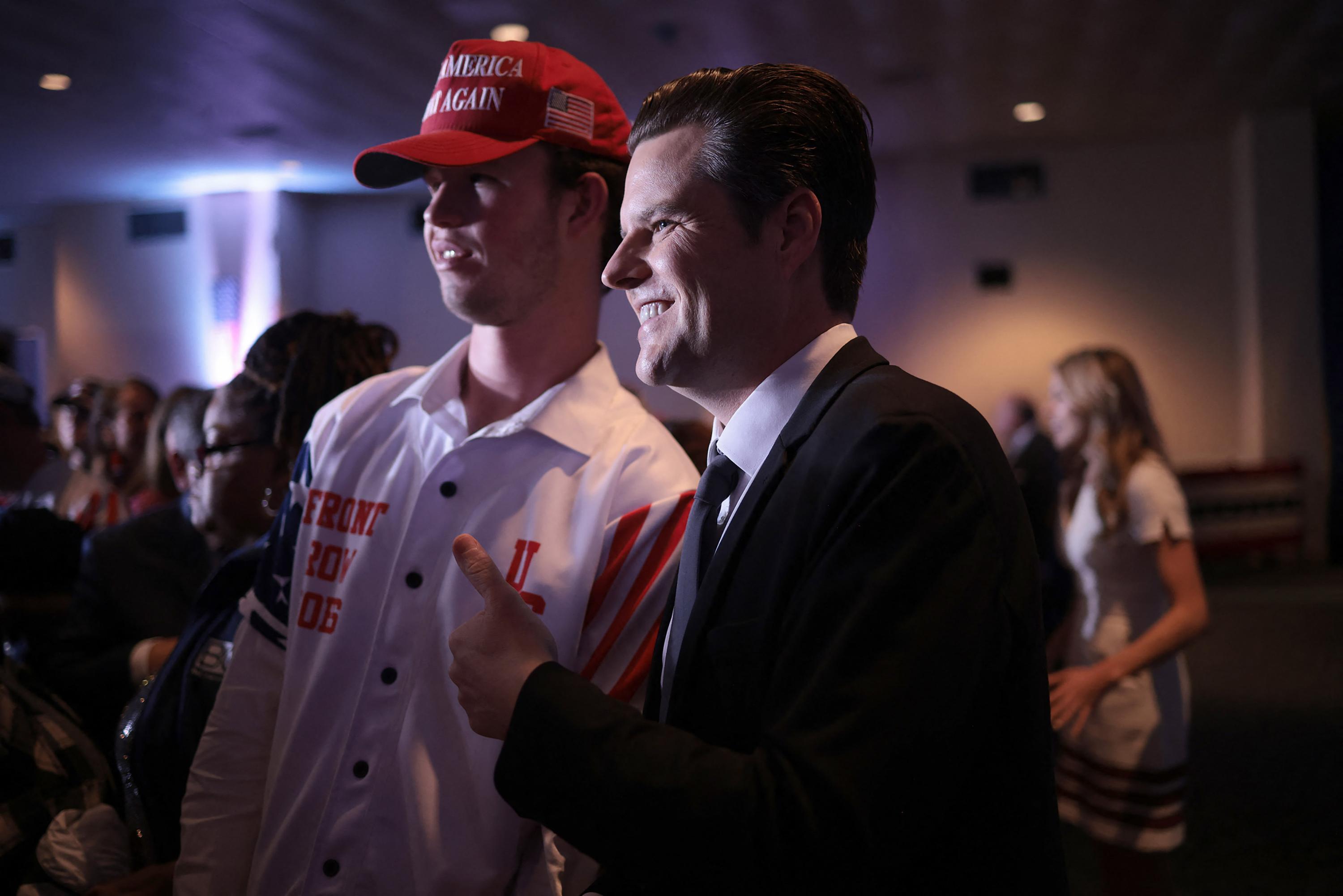 Rep. Matt Gaetz (R-FL) greets supporters after Republican presidential candidate and former President Donald Trump spoke during an election night watch party at the State Fairgrounds on February 24, 2024 in Columbia, South Carolina, the day that Trump defeated opponent Nikki Haley in the South Carolina Republican primary. Photo Win McNamee/Getty Images/AFP