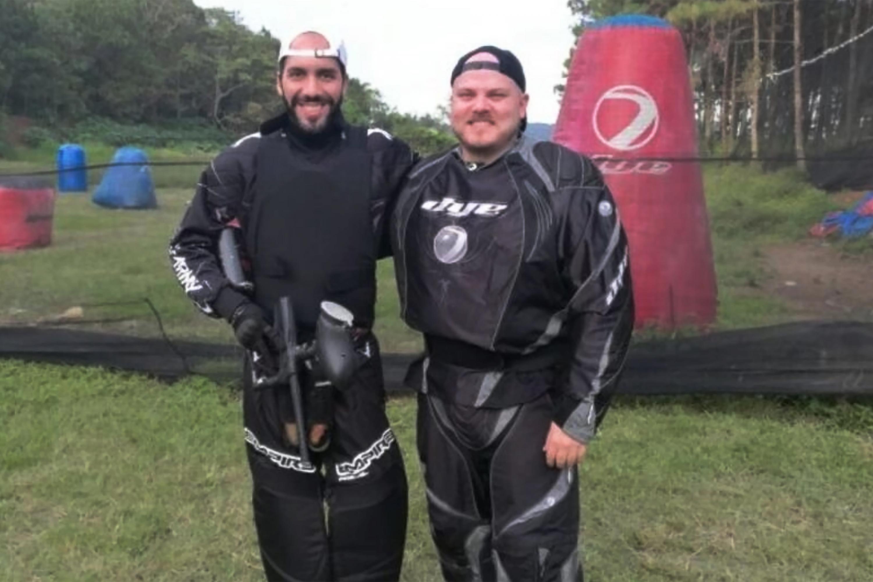 Former national security advisor Alejandro Muyshondt alongside President Nayib Bukele during a paintball match.