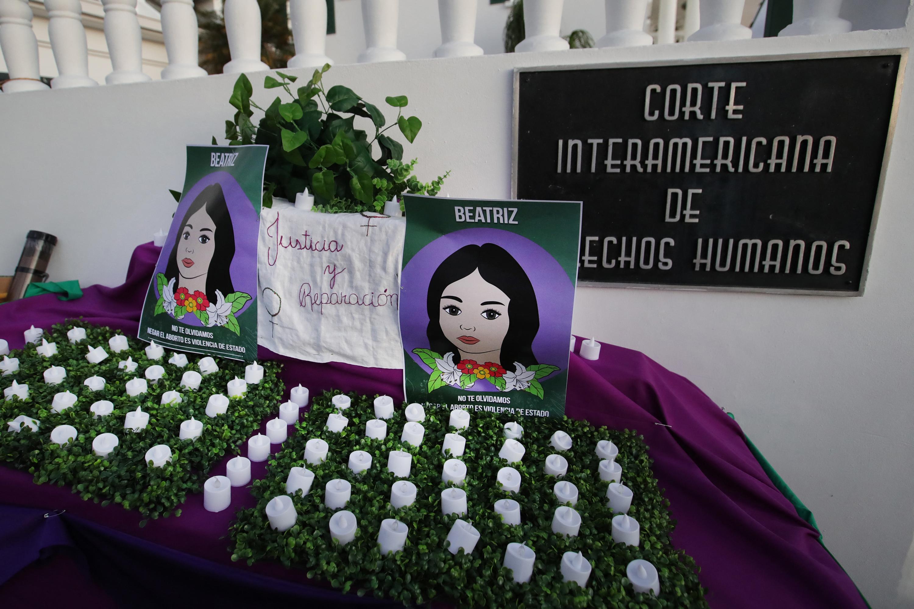 View of an altar during a vigil in memory of Beatriz prior to the hearing at the Inter-American Court of Human Rights (IACHR) taking El Salvador to task for denying her an abortion despite doctors knowing she was carrying a non-viable fetus at great risk to herself, outside the IACHR in San José, on Mar. 21, 2023. Photo John Duran/AFP