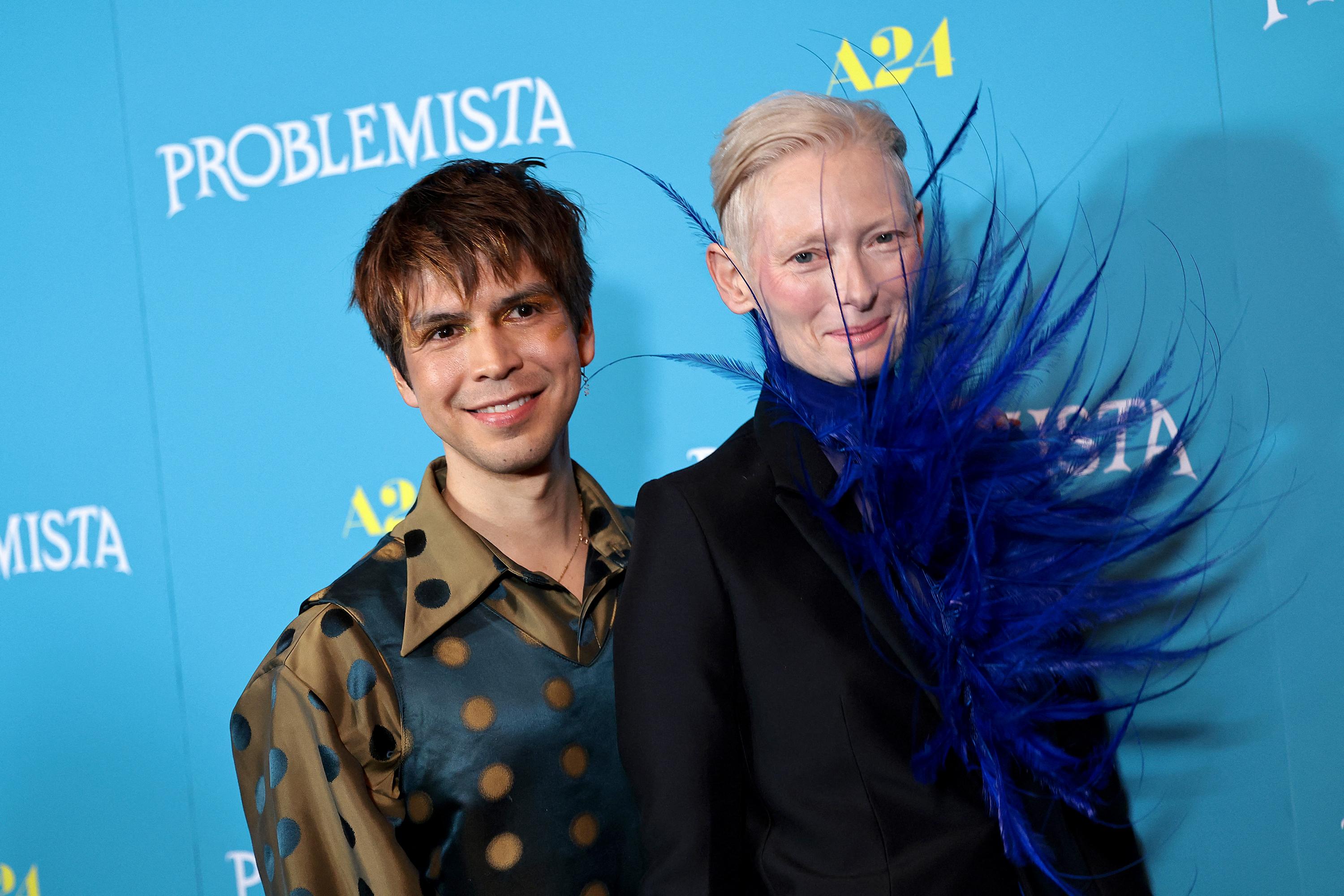 Julio Torres and Tilda Swinton attend a screening of Problemista at the Village East Cinema in New York City on February 27, 2024. Photo Dimitrios Kambouris/AFP