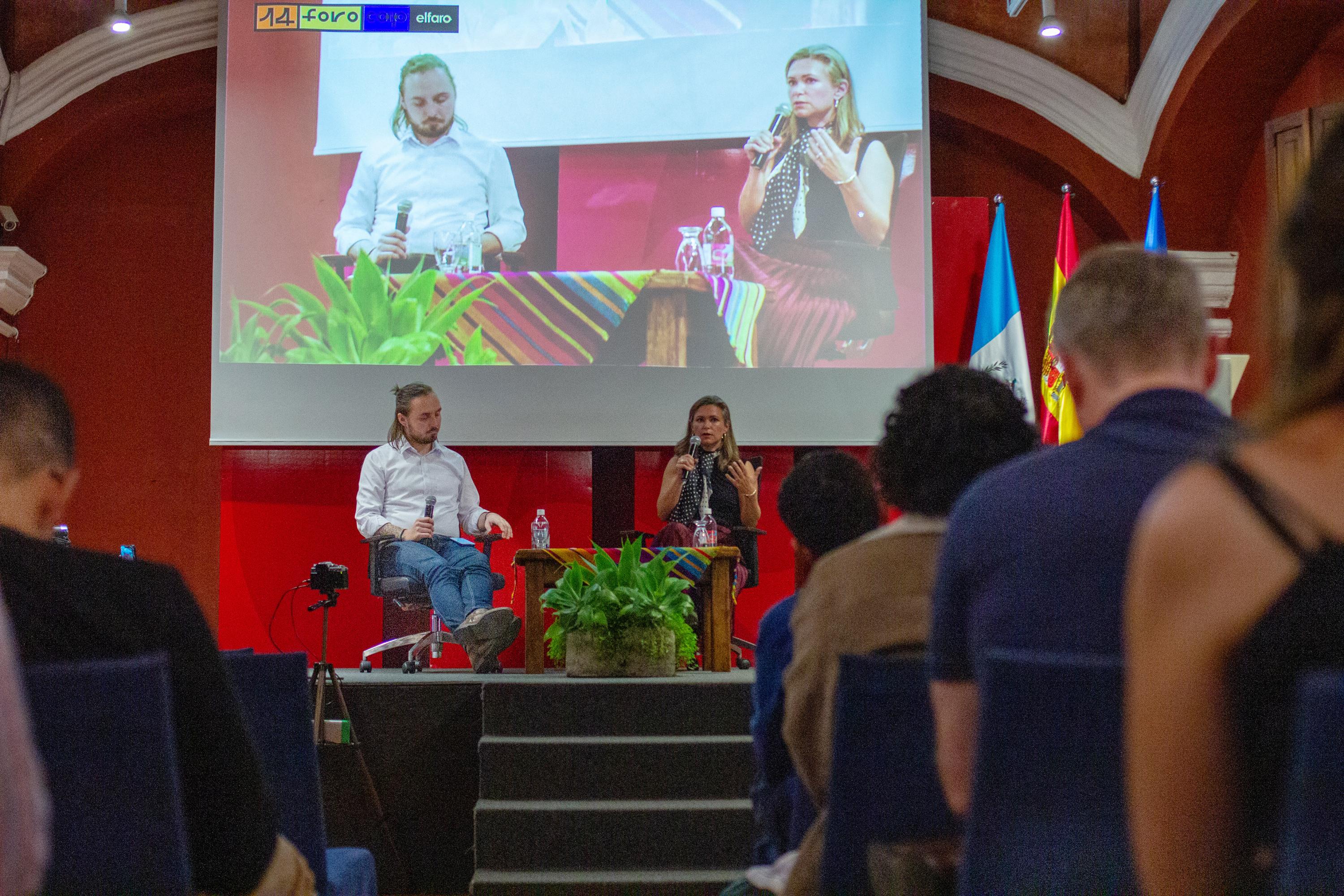 Emily Mendrala, former senior advisor for migration to President Joe Biden, speaks with Roman Gressier, editor of El Faro English, at a panel on Nov. 9, 2024, at the Central American Journalism Forum, four days after the U.S. presidential elections. Photo Gabriel Adderley