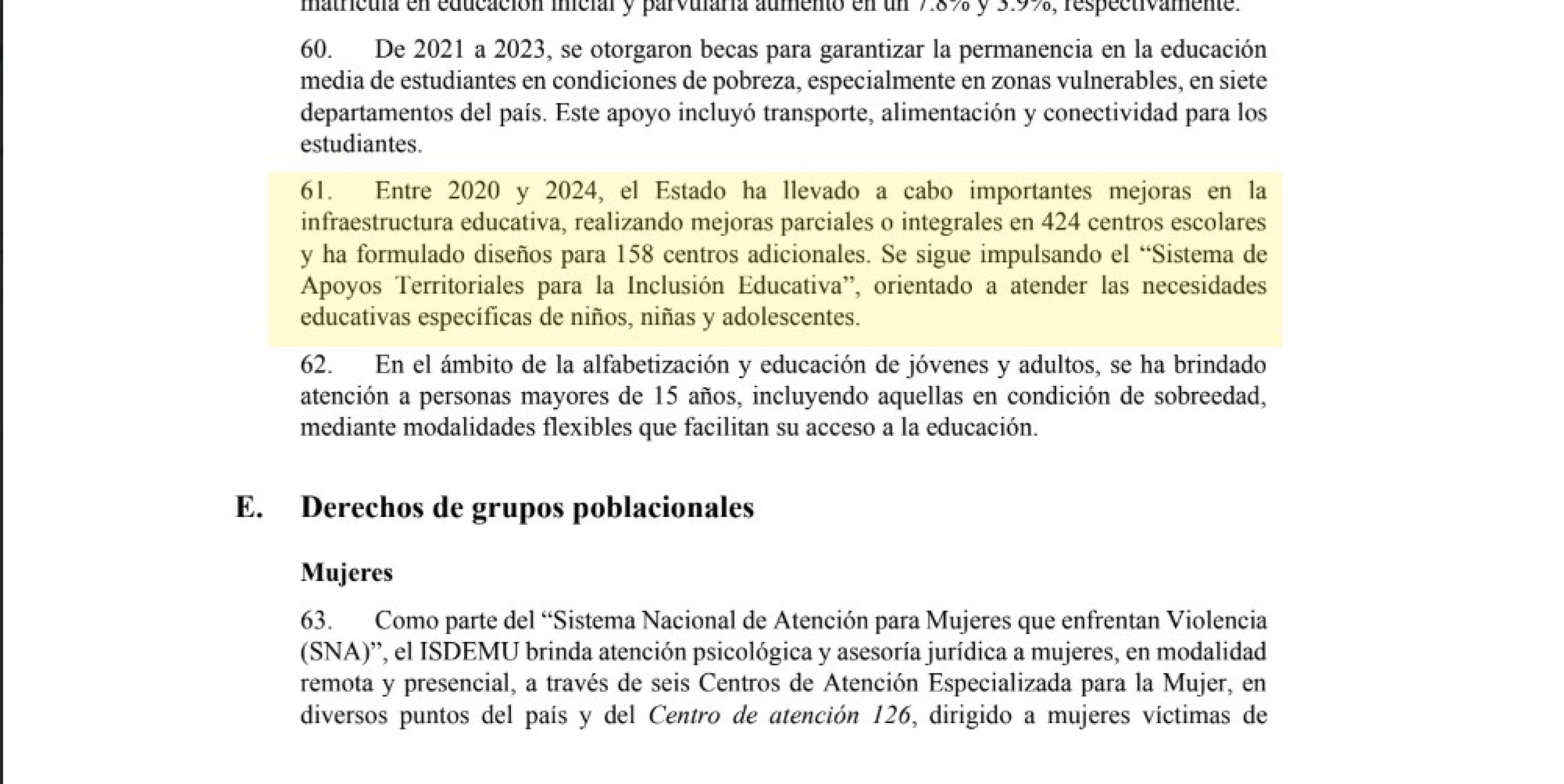 Fragmento de la página 10 del  informe presentado por el Estado salvadoreño a Naciones Unidas en octubre de 2024