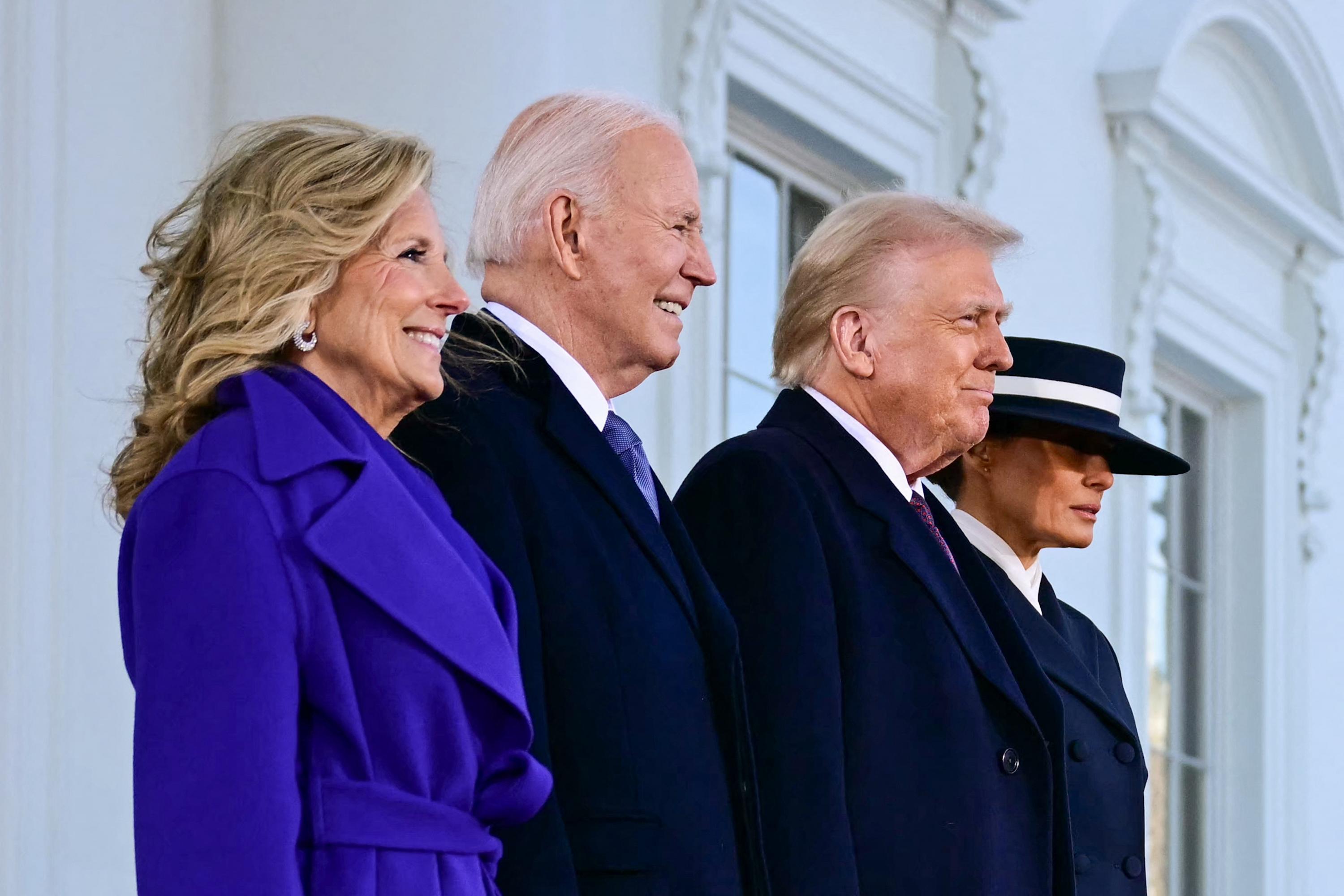 U.S. President Joe Biden and First Lady Jill Biden greet President-elect Donald Trump and Melania Trump as they arrive at the White House in Washington, D.C., on Jan. 20, 2025, before departing for the U.S. Capitol, where Trump will be sworn in as the 47th US President. Photo Jim Watson/AFP