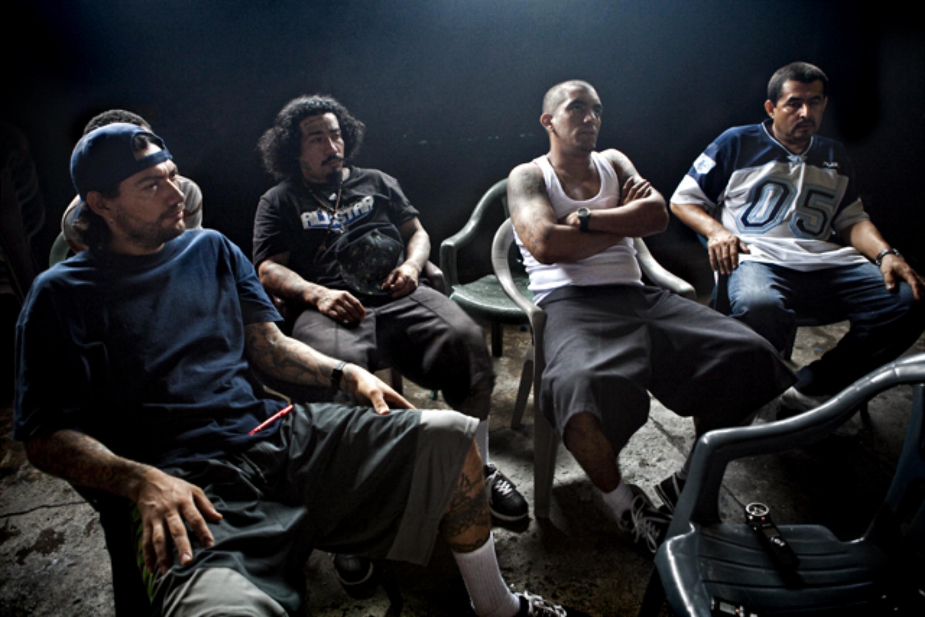 From left to right: Sirra (Dionisio Arístides Umanzor), El Trece (Saúl Turcios), Diablo (Borromeo Henríquez), and El Flaco (Hugo Quinteros) during an interview given to El Faro in 2012 by spokespersons for the Mara Salvatrucha. Photo Pau Coll