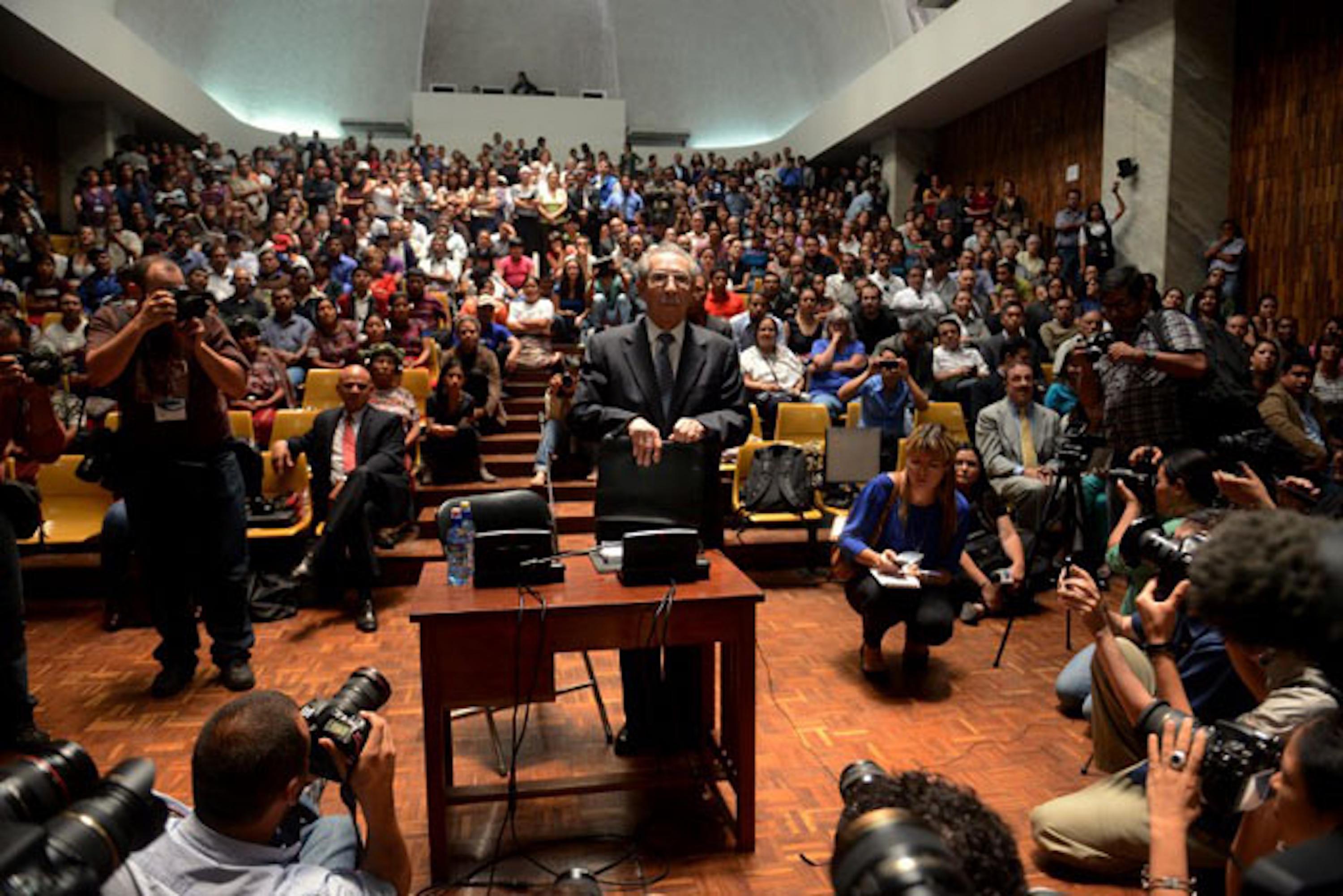 Former Guatemalan dictator José Efraín Ríos Montt, 86 years old, speaks during his trial on charges of genocide committed during his regime in Guatemala City on May 9, 2013. The trial against Ríos Montt, initiated 50 days earlier, entered the final phase after the judges rejected the petitions of his lawyers to postpone it and the Public Prosecutor