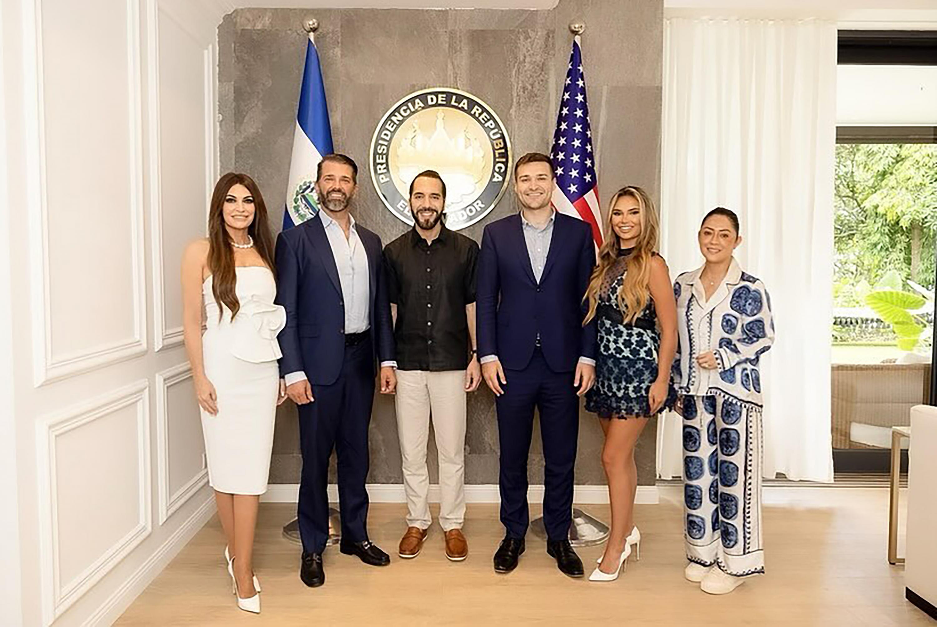 From left to right, posing in San Salvador at the June 2024 inauguration: Trump fundraiser Kimberly Guilfoyle, Donald Trump Jr., Nayib Bukele, political consultant Alex Bruesewitz with model and romantic partner Delanie Flynn, and Salvadoran communications secretary Sofía Medina.