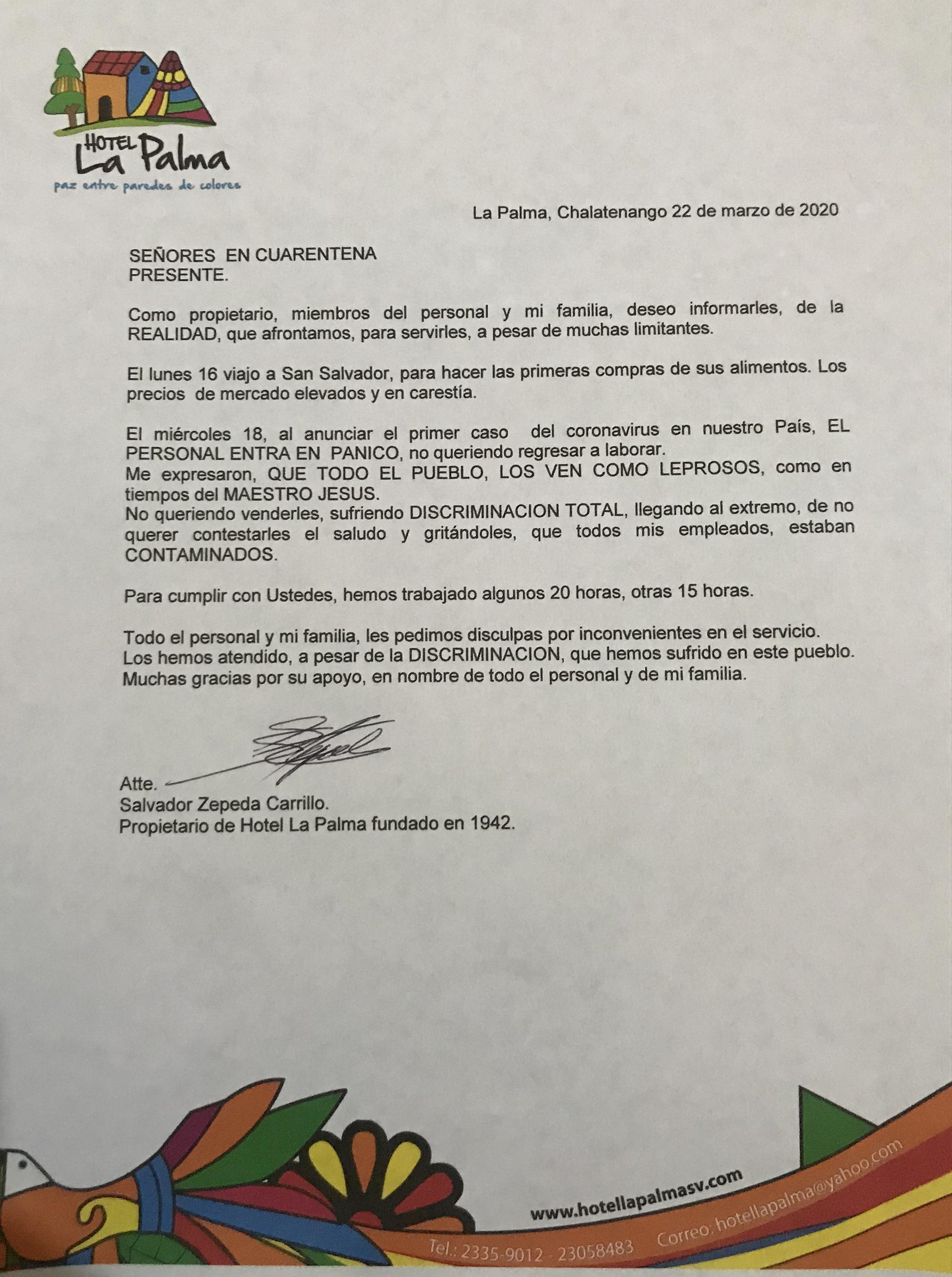 Carta enviada por el dueño del hotel donde cumplimos la cuarentena para explicarnos el estigma que los empleados están padeciendo. Foto: María Luz Nóchez