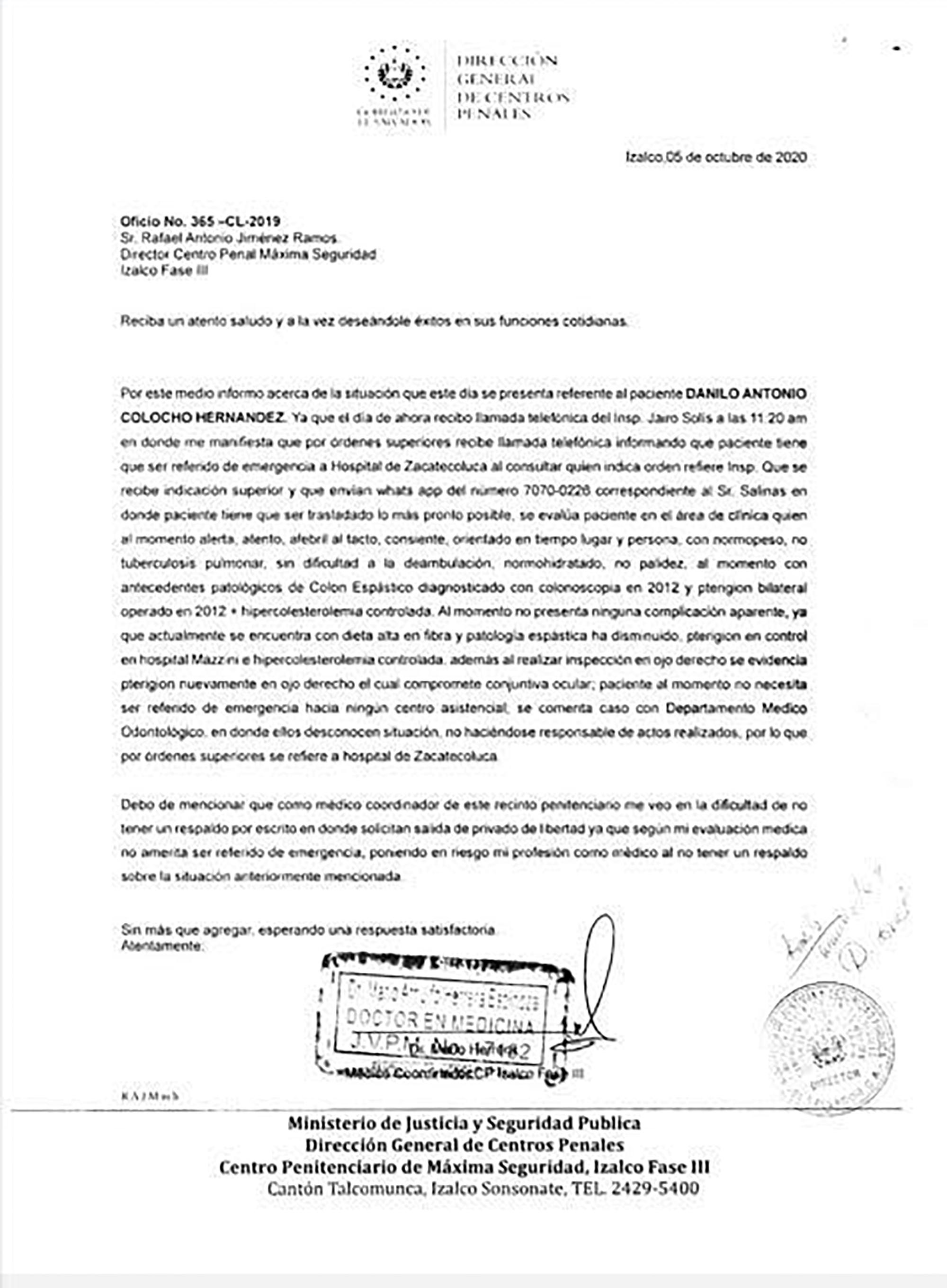 Oficio del doctor Herrera dirigido al director del penal de Izalco Fase III, certificando que Chino Milo se encontraba sano cuando se ordenó sacarlo de emergencia al hospital de Zacatecoluca, a 128 kilómetros del penal. 