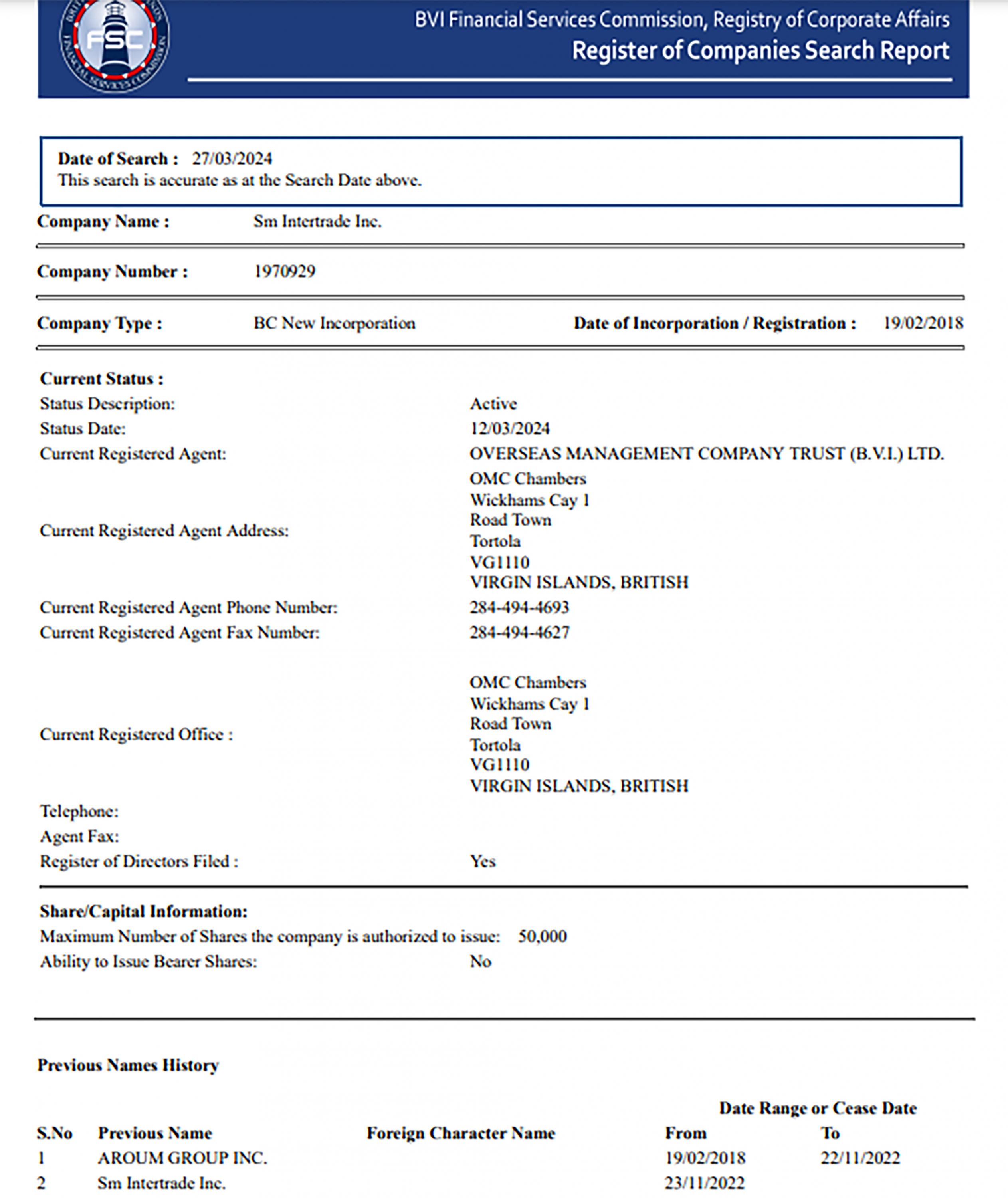 Aroum Group cambió su nombre a Sm Intertrade Inc el 23 de noviembre de 2022. El agente residente (la firma de abogados) que hace los trámites para esta empresa en Islas Vírgenes Británicas son de la firma Overseas Management Company Trust , que tienen su sede en Wickhams Cay I, Road Town , Tortola.