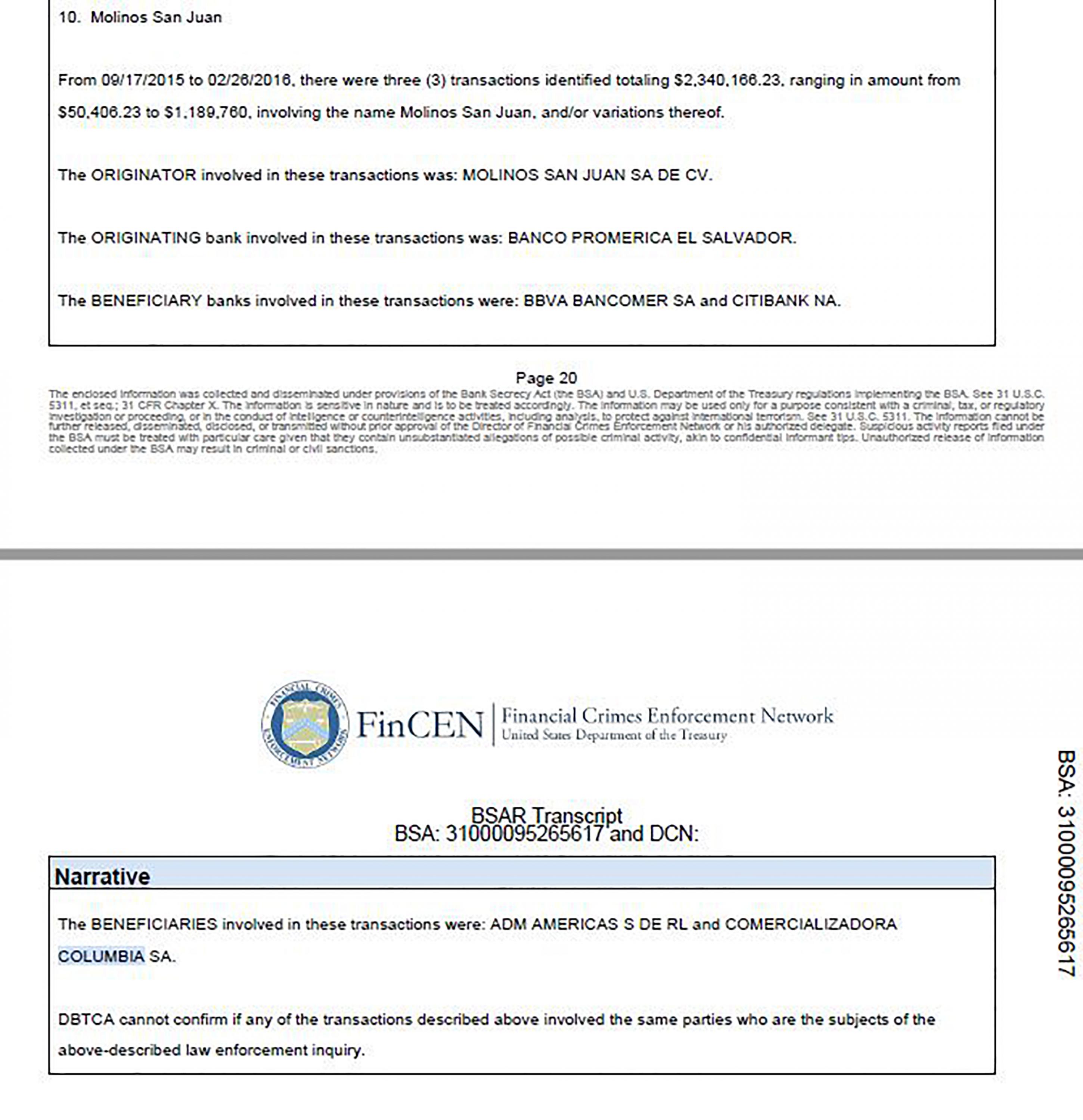 Fragmento de un reporte de inteligencia financiera de Fincen que menciona a Comercializadora Columbia como receptora de transferencias de la empresa Molinos San Juan, fundada por Chepe Diablo. Foto, reporte de Fincen.