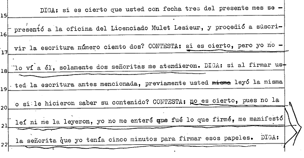 Detalle de la declaración de Delia D. Asegura que no le dieron tiempo para leer lo que firmaba.