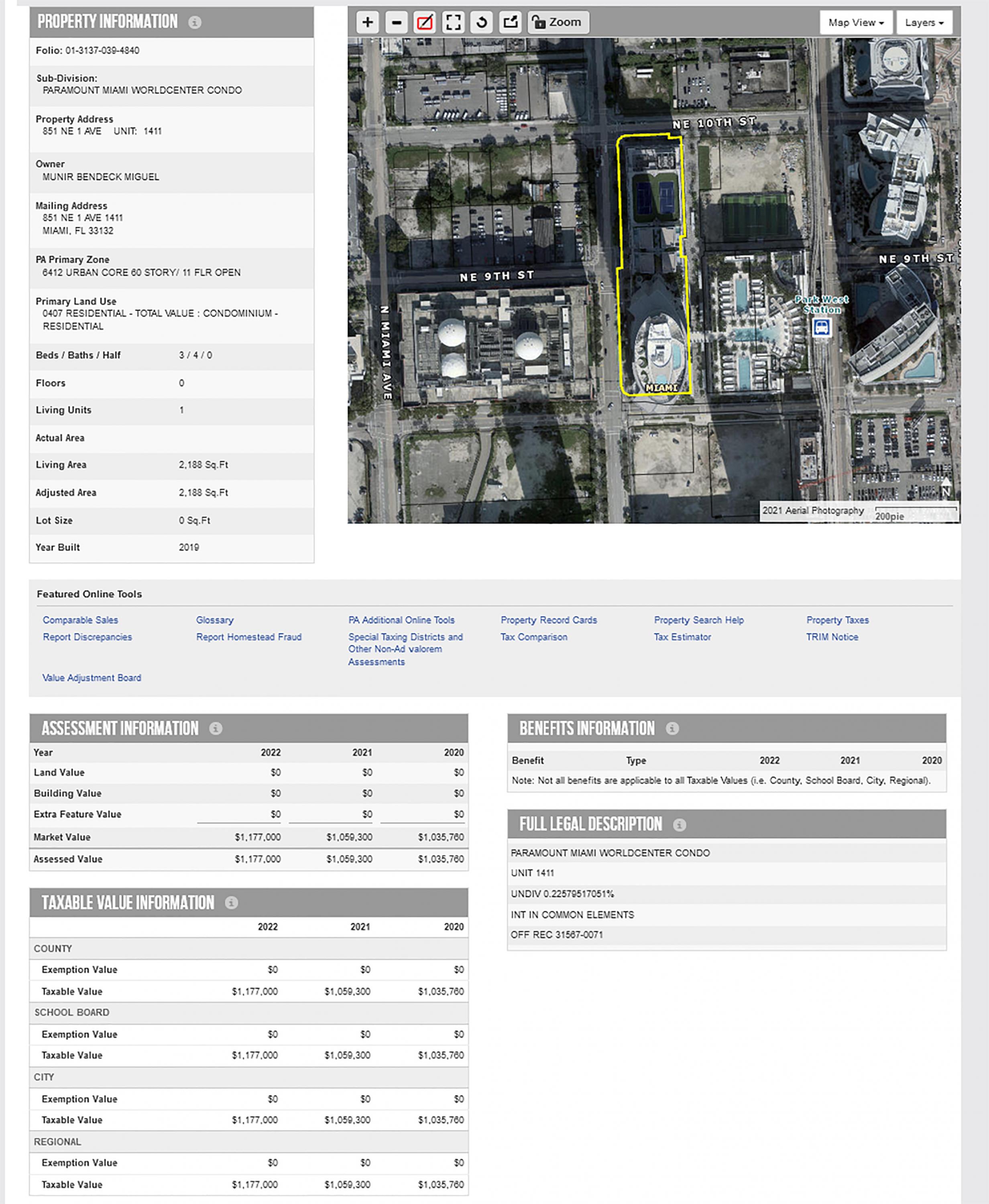 El apartamento del dueño de Nsb está en el Edificio Paramount, en Miami, y está valorado en $1.1 millones. Fotografía obtenida de Miami Dade.