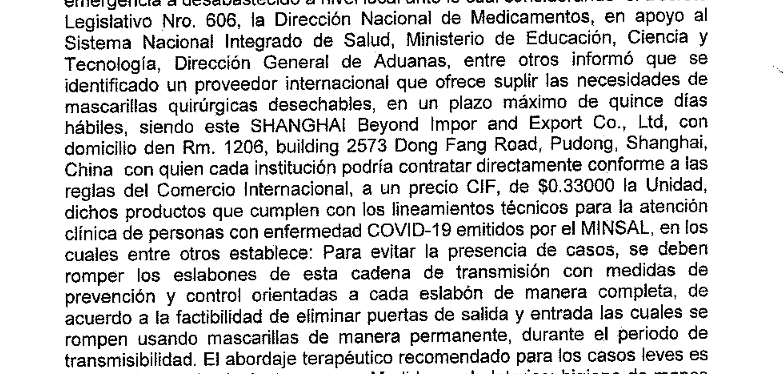 Fragmento de resolución de contratación directa del 27 de marzo, del Instituto Salvadoreño de Bienestar Magisterial, en el que menciona a la Dirección Nacional de Medicamentos como la institución que recomendó la contratación de Shanghai Beyond Import and Export. El documento está disponible en el portal de transparencia de la institución.