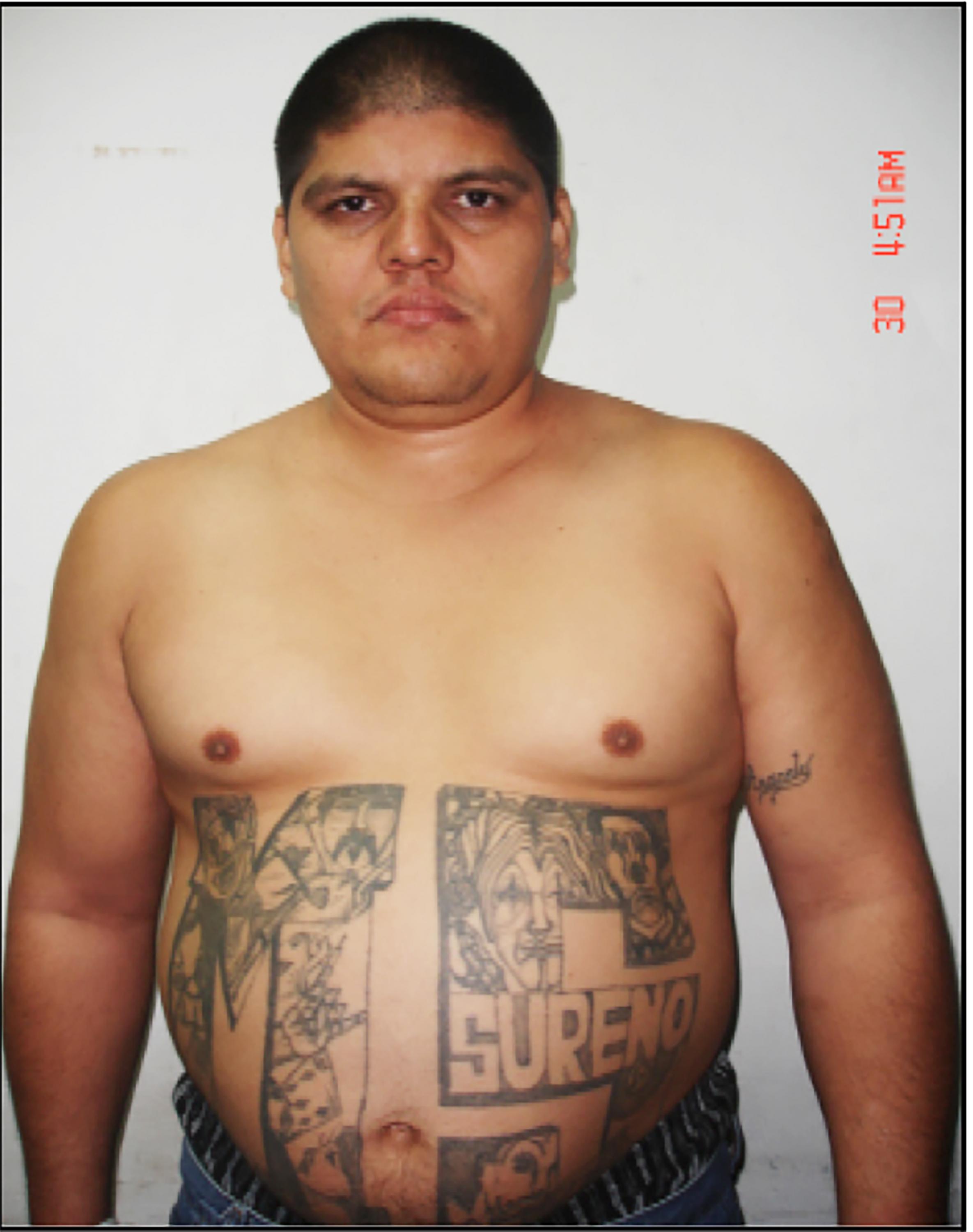 A photograph of Greñas after one of his arrests in El Salvador. His tattoo of the word sureño, “southern”, refers to the southern gangs of California, which were under the Mexican Mafia’s control. The tattoos recount Greñas’ time in the US until he was first deported in 1999, before MS-13 had created its national leadership and before the gang was at the center of El Salvador’s public security debate.