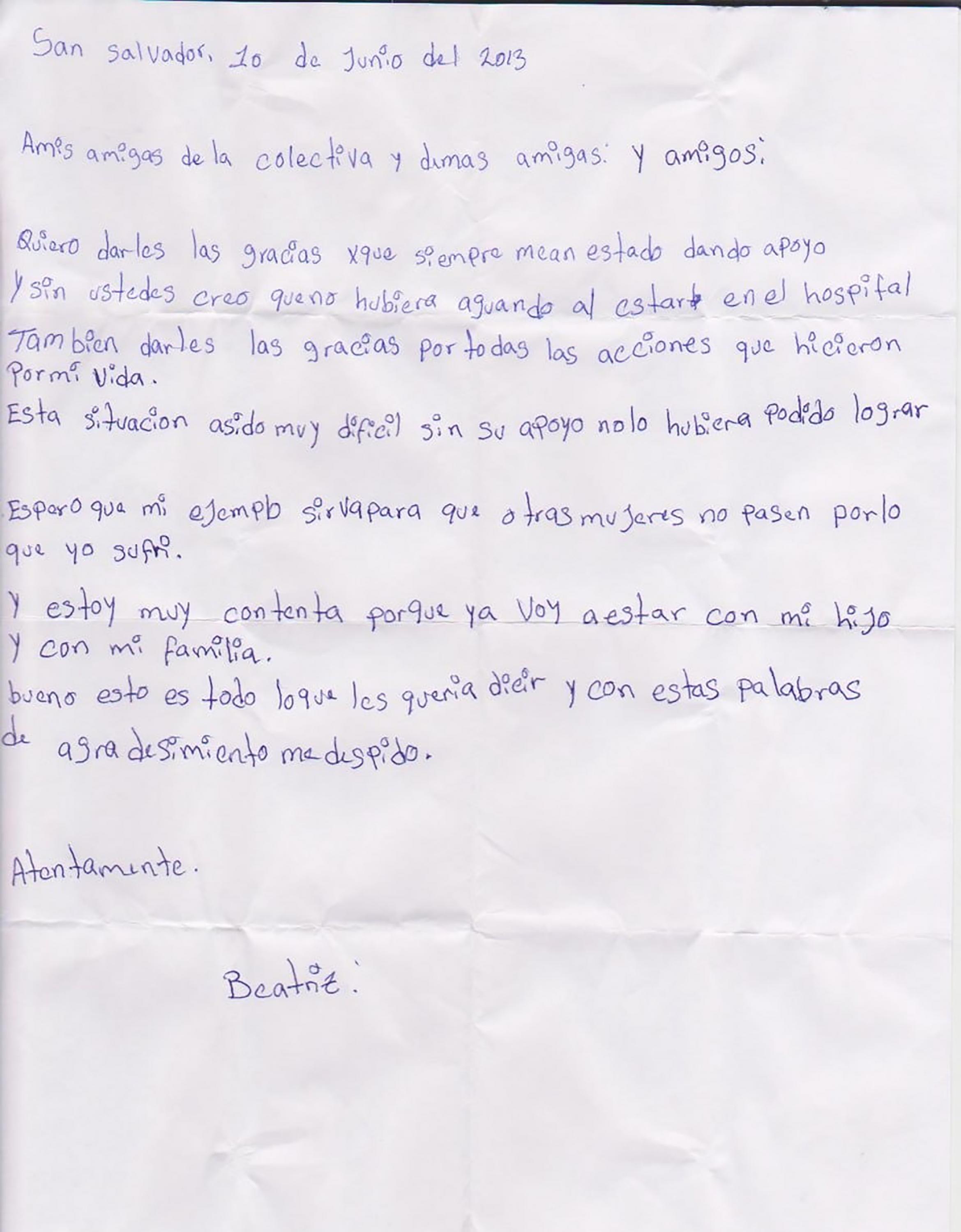 Letter sent by Beatriz on June 10, 2013 to the human rights organizations who accompanied her during her hospitalization. 