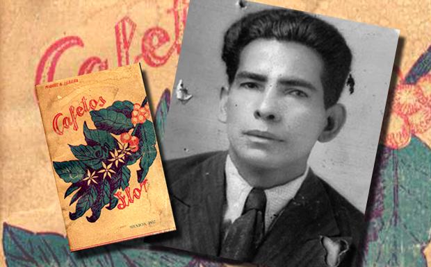 Foto de Miguel Ángel Ibarra, 1938, foto cortesía de Neith Gámez Ibarra y portada de Cafetos en Flor. / Composición de El Faro.