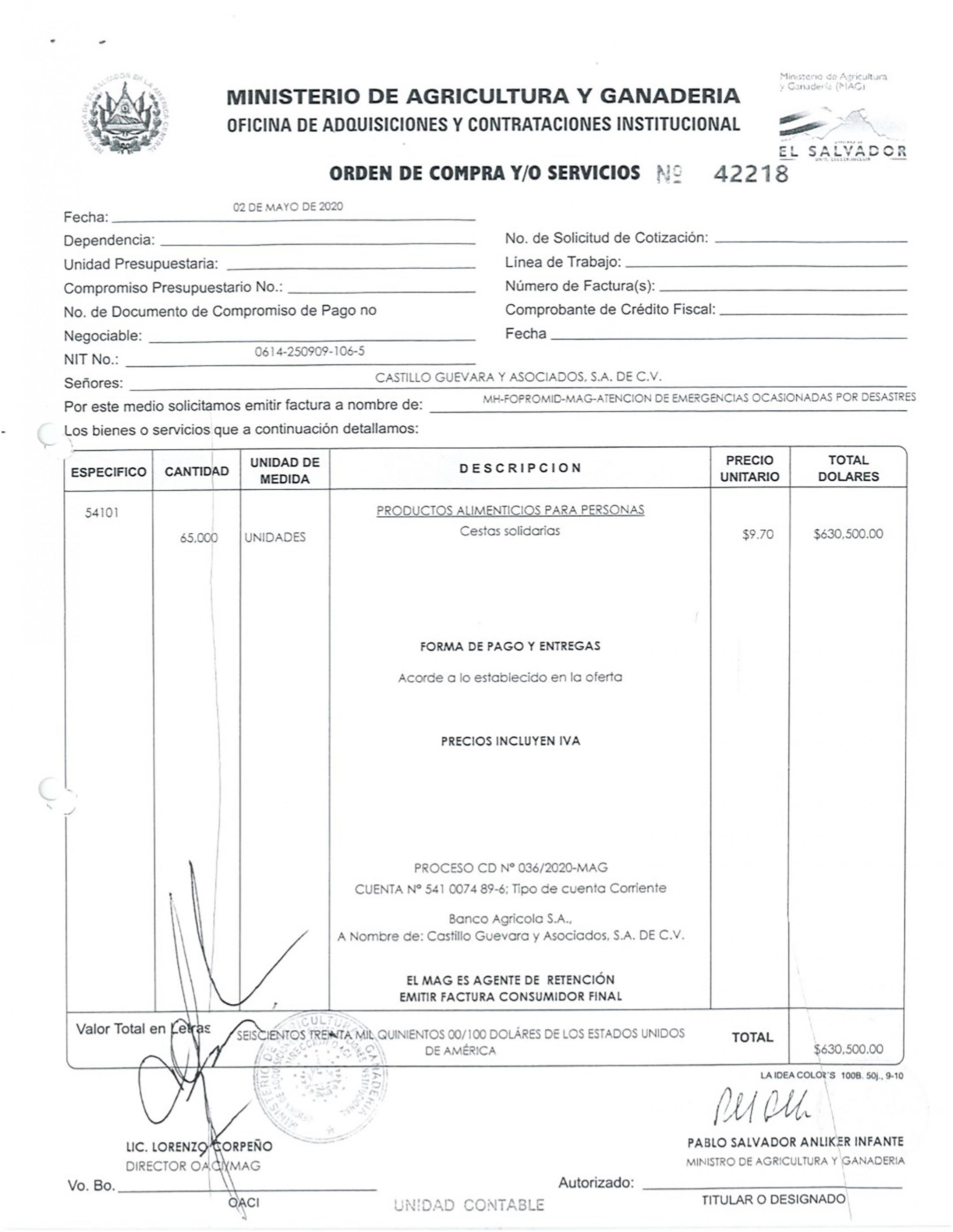 Orden de compra - compra directa- con la que se autorizó sin licitar comprarle 165 mil cestas de alimentos a la empresa del empleado de Ernesto Castro.