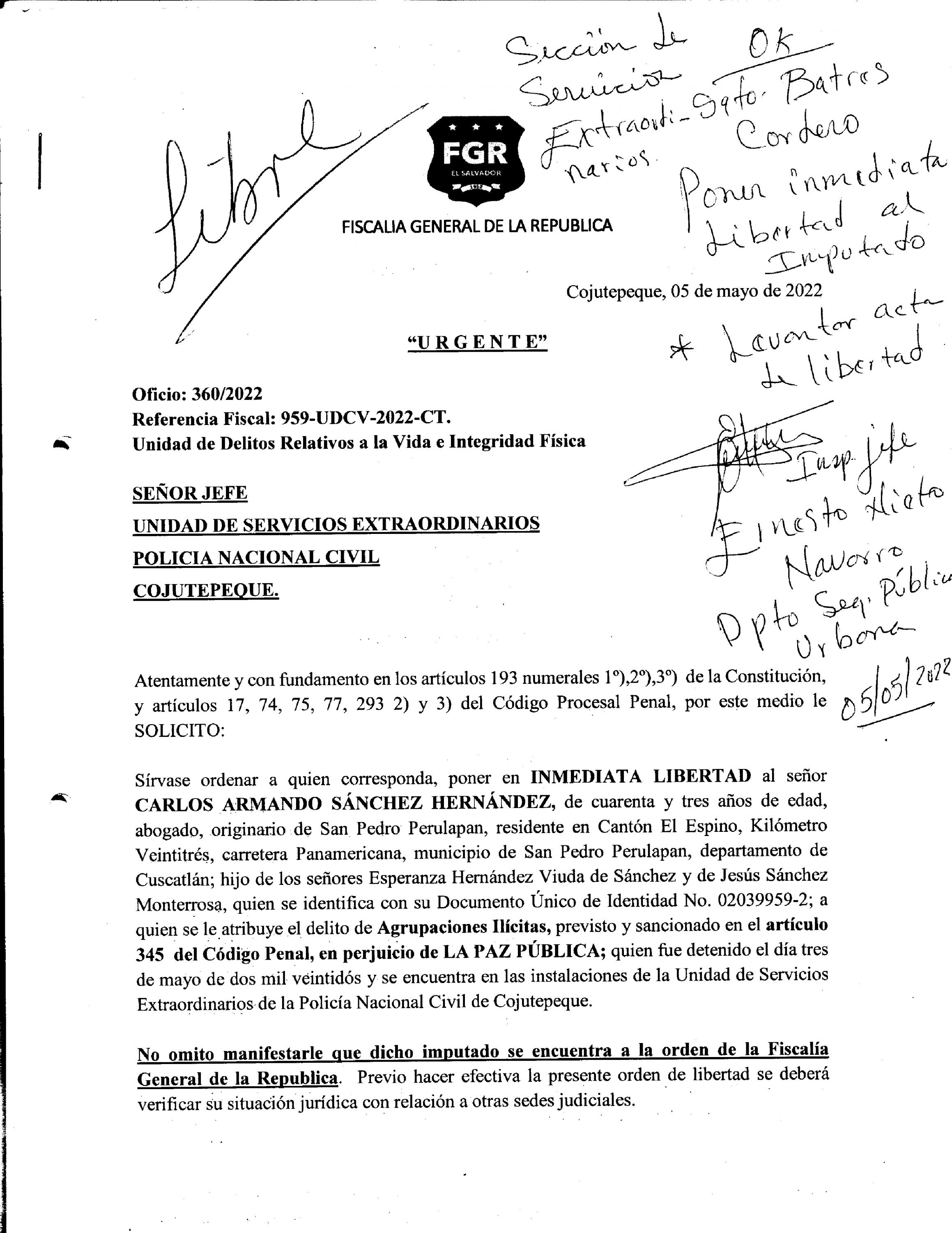 Documento de la Fiscalía que ordena la 