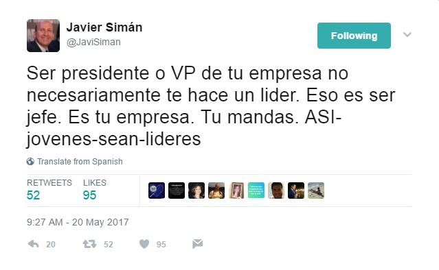 Desde mayo, Javier Simán se ha percibido más activo en redes sociales. En esta publicación parece reclamarle a Carlos Calleja, su adversario en la carrera presidencial, por prodigar un liderazgo que no tiene. Calleja no respondió. Foto: tomada de Twitter. 