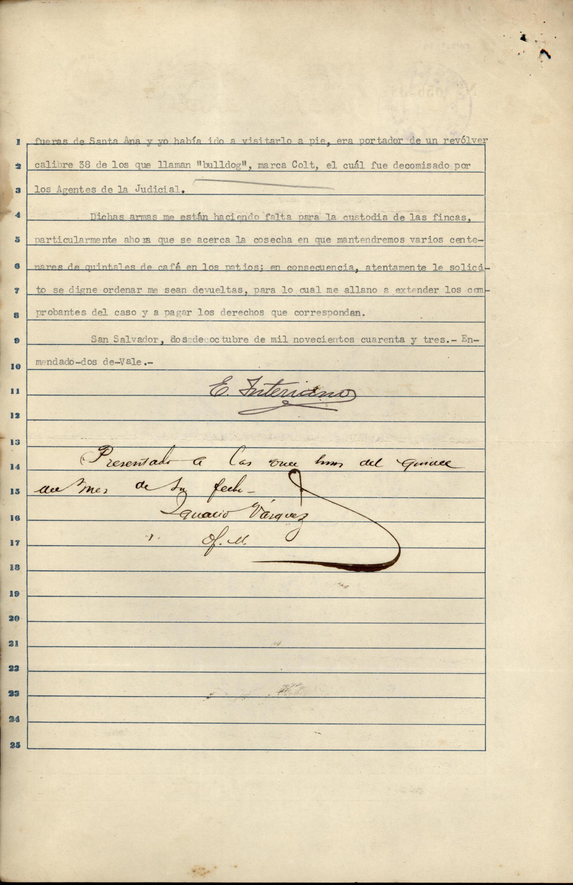 Archivo General de la Nación, Fondo Gobernación, caja Policía, n.º 3,  carpeta 310.2. Título: Armas, comercio, portación, comisos, sin título de expediente, 1943.