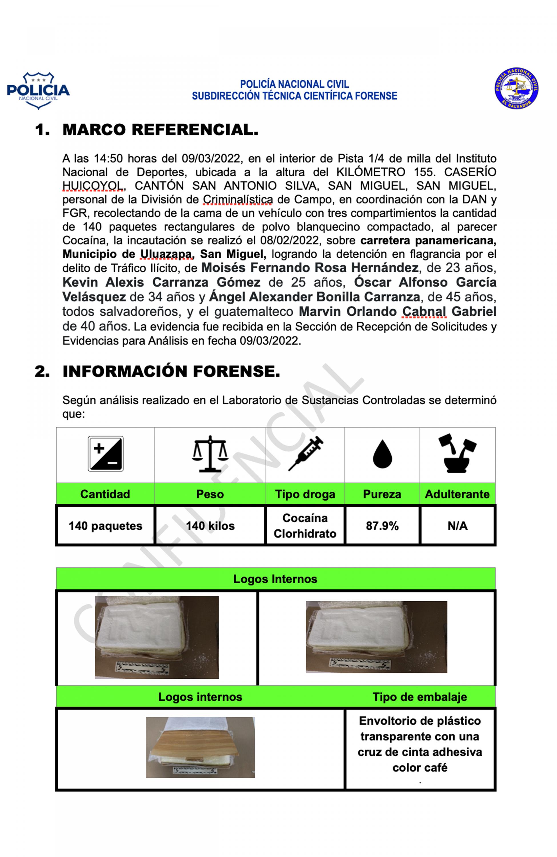 Diligencias policiales realizadas a los 140 kilógramos de cocaína decomisados el 8 de marzo de 2022. Las autoridades dicen que esta estructura era dirigida por La Gorda.