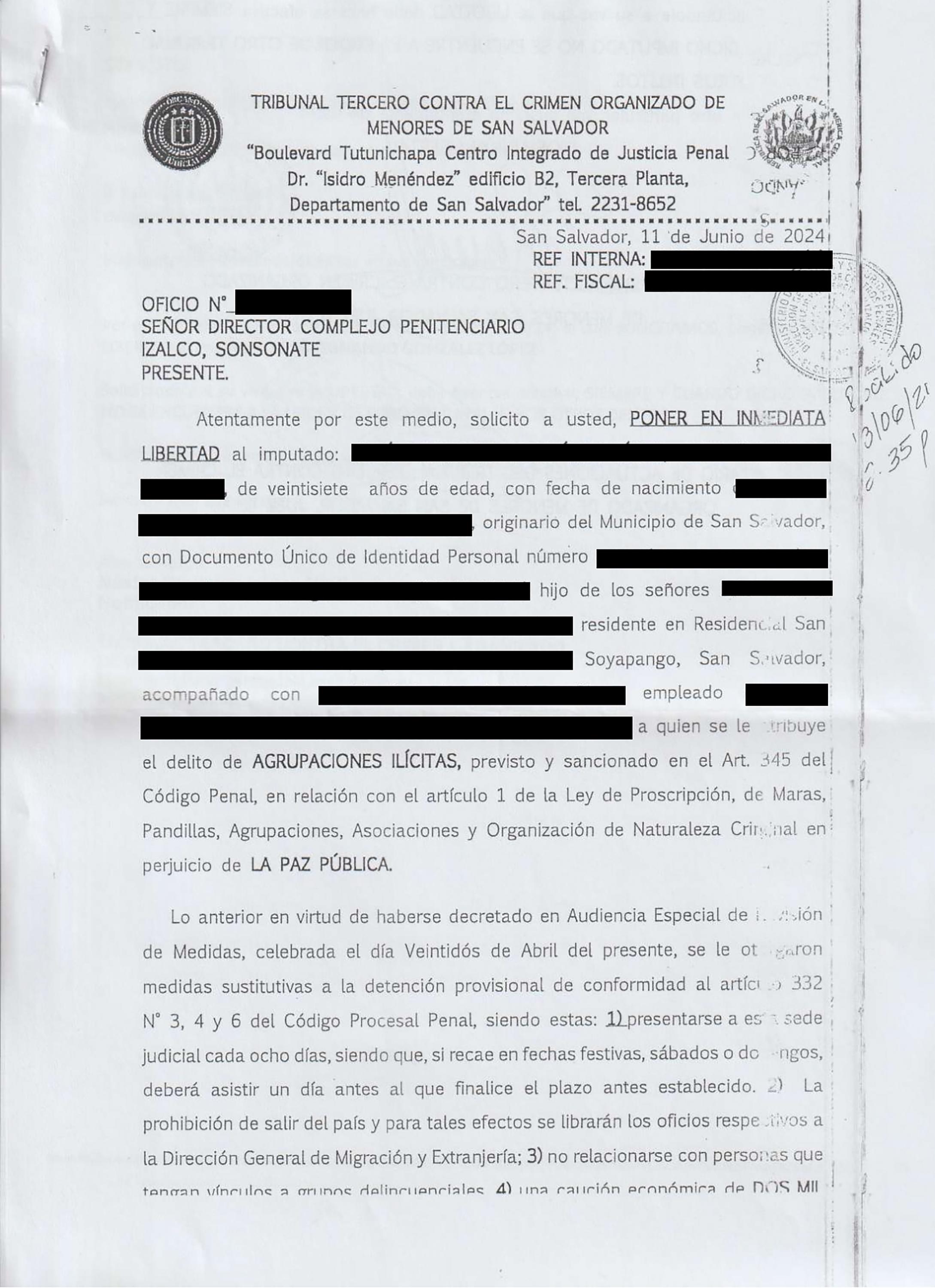 Esta es una de las cinco órnedenes de libertad que Centros Penales ha incumplido, según Socorro Jurídico Humanitario (SJH). El 22 de julio de 2024, la organización denunció en la Fiscalía a Osiris Luna por privación de libertad. Foto: Cortesía SJH.