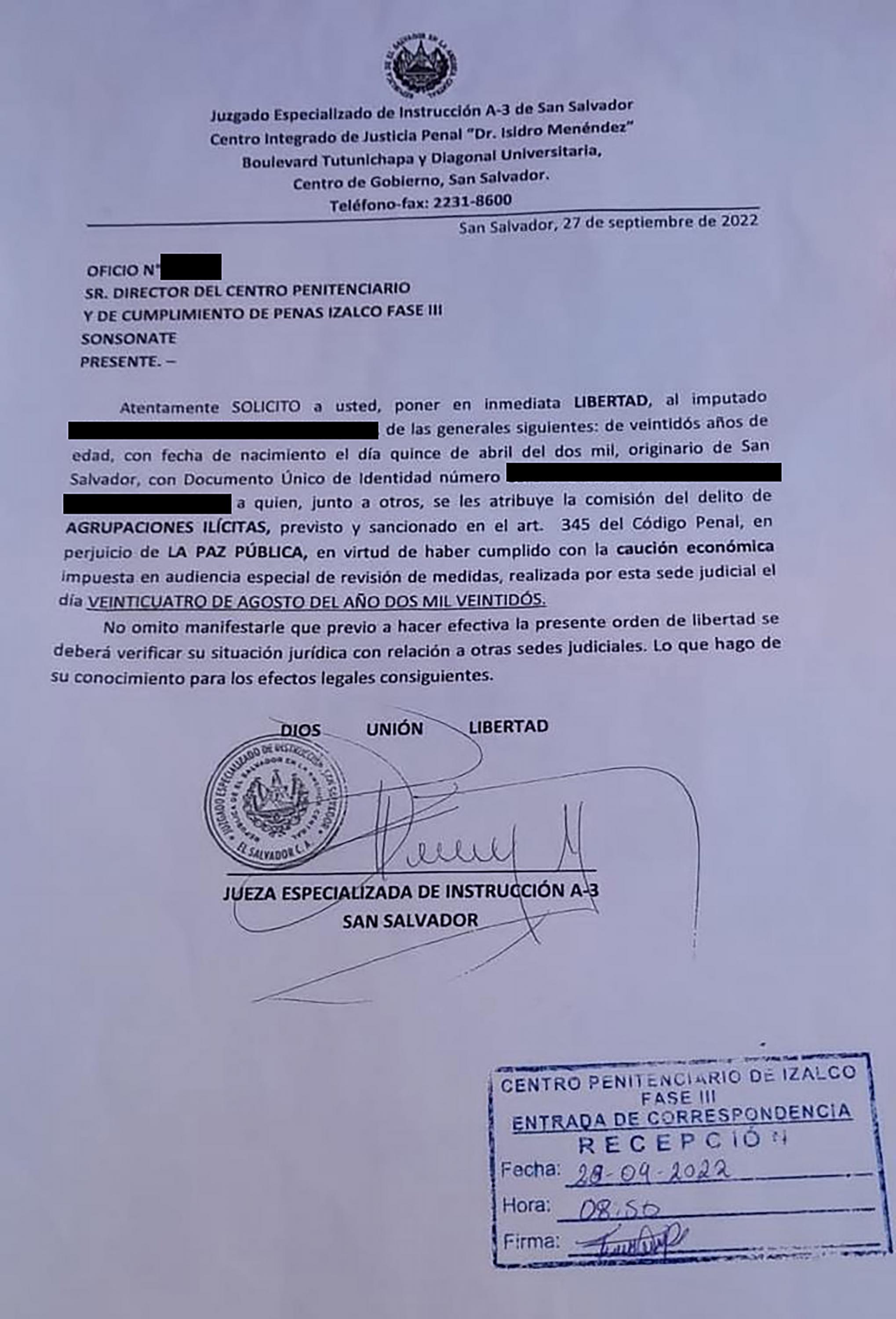 Release order for one of the two people rearrested for illicit association. The National Civil Police and the Attorney General’s Office created a “new case” for the same crime. Photo courtesy of the family of one of the detainees.