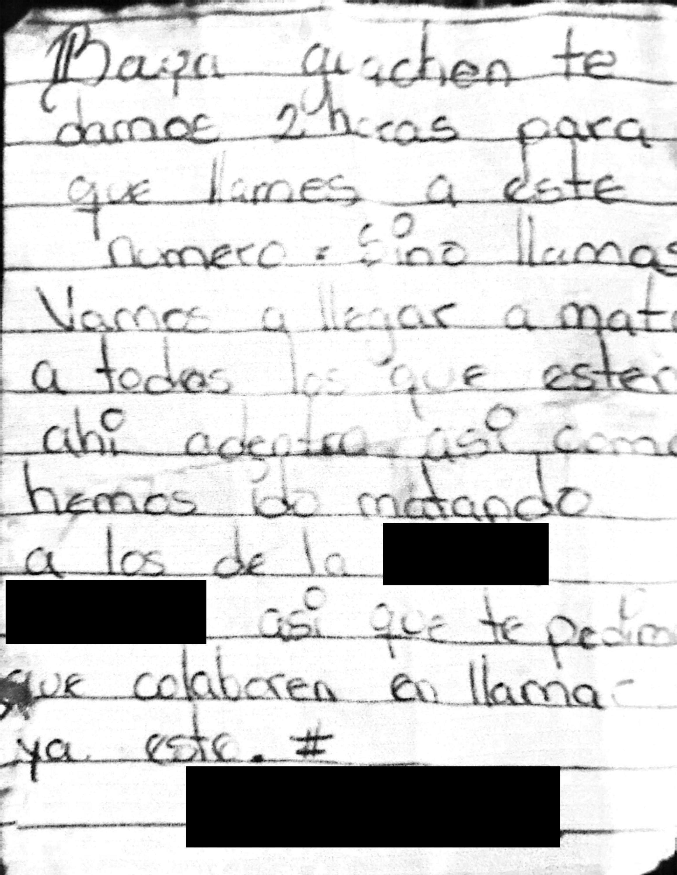 Durante más de una década, el Señor Orellana recibió amenazas de muerte de las pandillas en su casa y su negocio. Esta es una de esas amenazas.