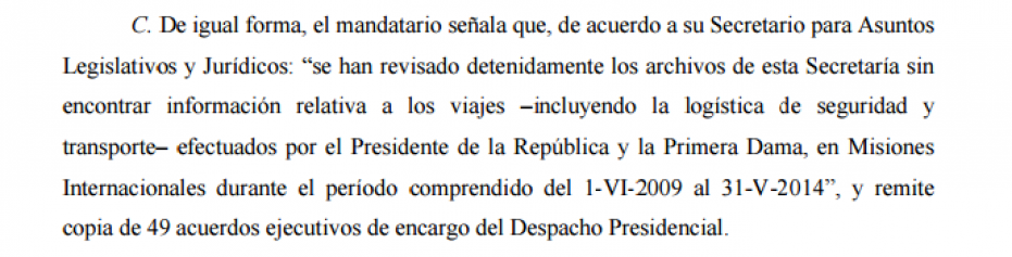 Respuesta del presidente Salvador Sánchez Cerén, a través de su secretario de asuntos jurídicos, a la Sala de lo Constitucional, donde manifiesta que la información de viajes del ex presidente Mauricio Funes no fue encontrada.