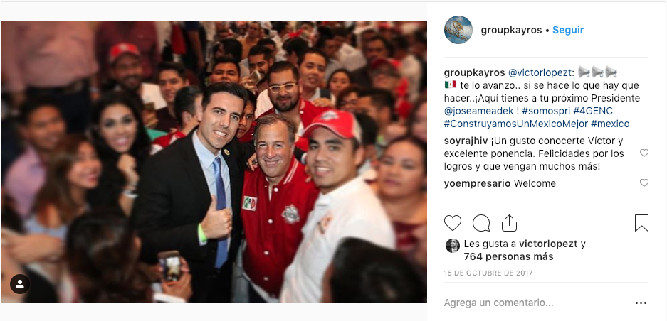 Captura de pantalla de la cuenta de instagram de la agencia de asesoría política Kayros Group, en la que el asesor español Carlos López Torrents aparece junto al candidato presidencial del PRI a la presidencia de México en 2018, José Antonio Meade. Carlos López fue asesor de Nayib Bukele en la recta final de su campaña presidencial. 