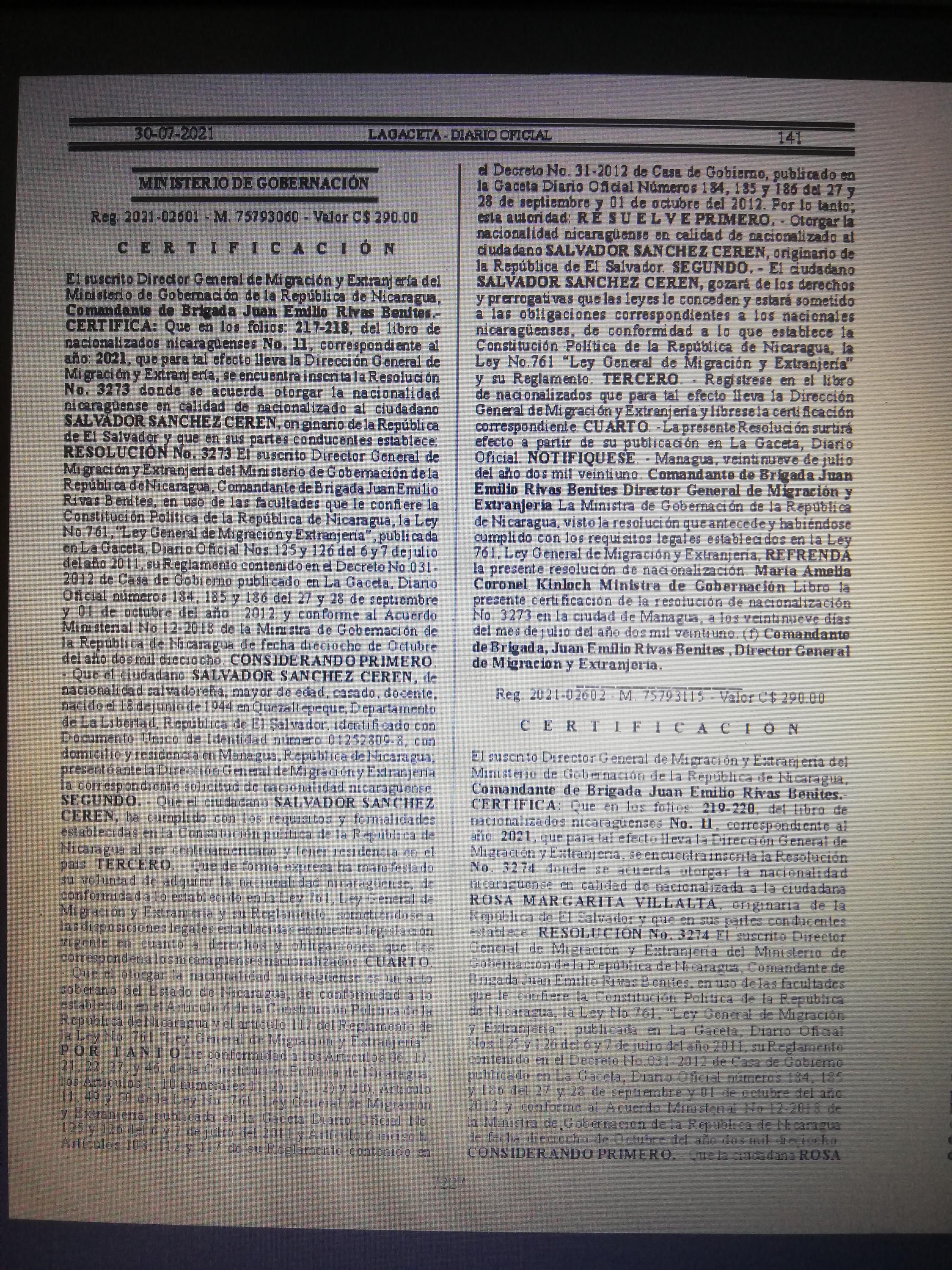 Gaceta Oficial de Nicaragua, del 30 de julio, página 1.