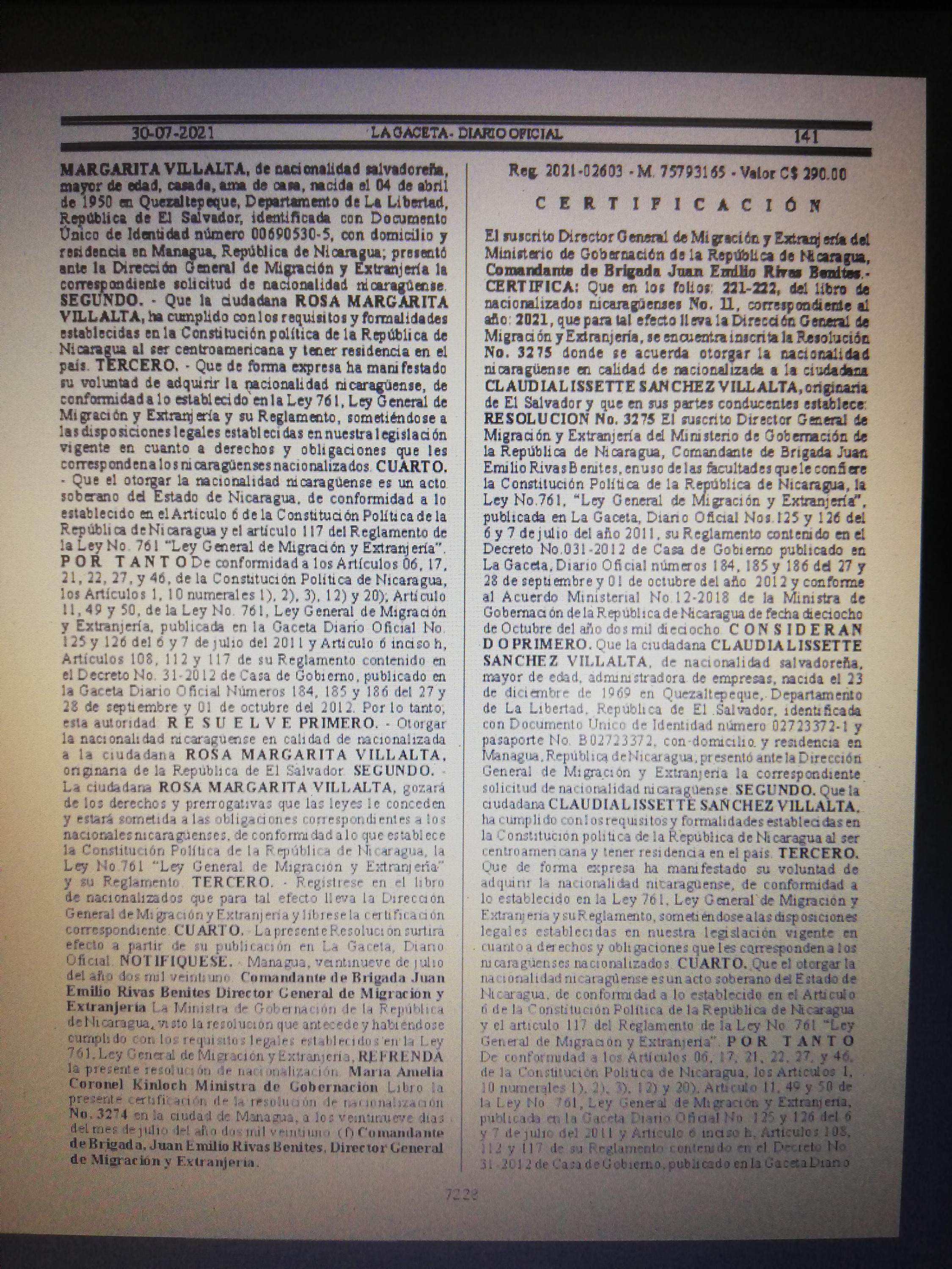 Gaceta Oficial de Nicaragua, del 30 de julio, página 2.