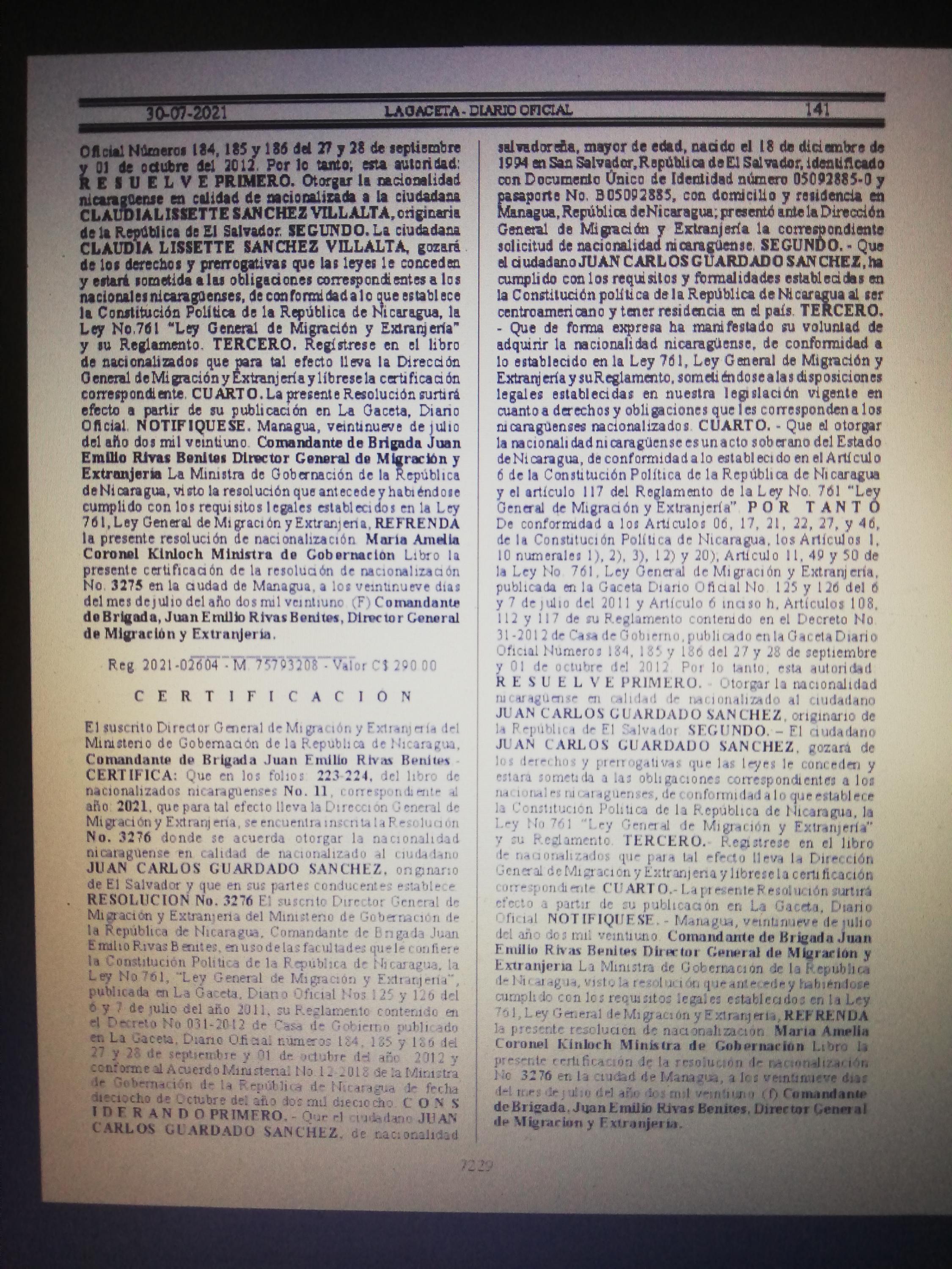 Gaceta Oficial de Nicaragua, del 30 de julio, página 3.