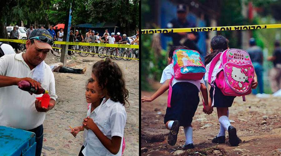 Niñas se enfrentan a la escena de un homicidio. A la izquierda, dos niñas compran minutas (raspados) en la Ceiba, Atlántida, Honduras (agosto de 2011). A la derecha, dos niñas cruzan la barrera policial en Lomas de Candelaria, San Marcos, El Salvador (septiembre de 2015). Fotos de Daniel Valencia y Jaime Anaya. 