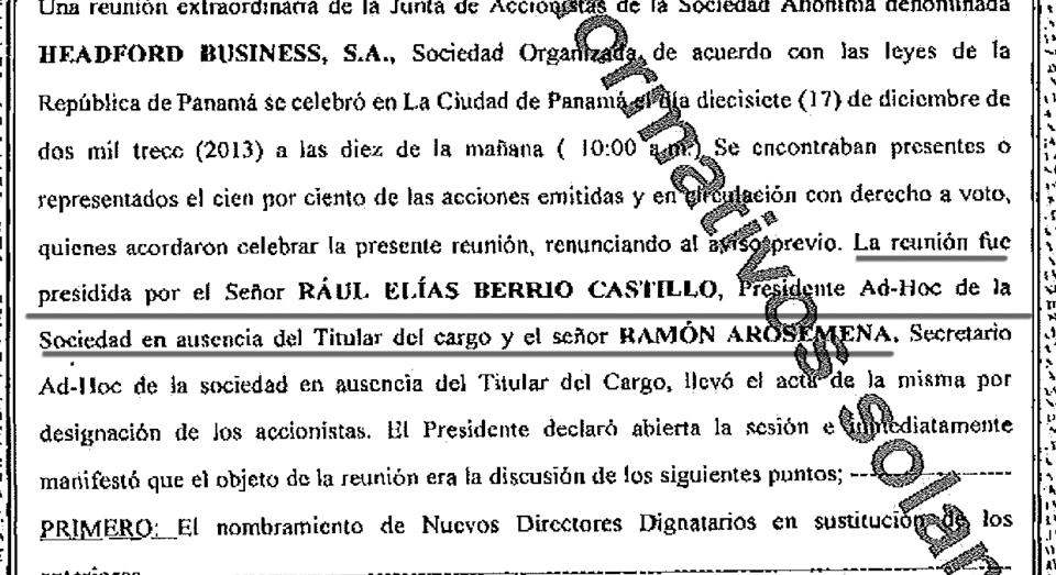 Detalle del acuerdo de nombramiento, en diciembre de 2013, de Raúl Berrío Castillo como nuevo presidente de Headford. Berrío es también directivo de la empresa Latin American Spas Inc, perteneciente a Ada Mitchell Guzmán Sigüenza.