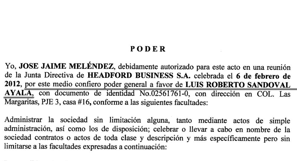 Detalle del acuerdo de poder retroactivo a favor del motorista Roberto Sandoval, también directivo de  Subes, solicitado por los abogados salvadoreños de Mecafé y emitido por Mossack Fonseca en septiembre de 2012, pero elaborado con  fecha de febrero de 2012. El documento es parte de los #PanamáPapers del bufete panameño Mossack Fonseca.