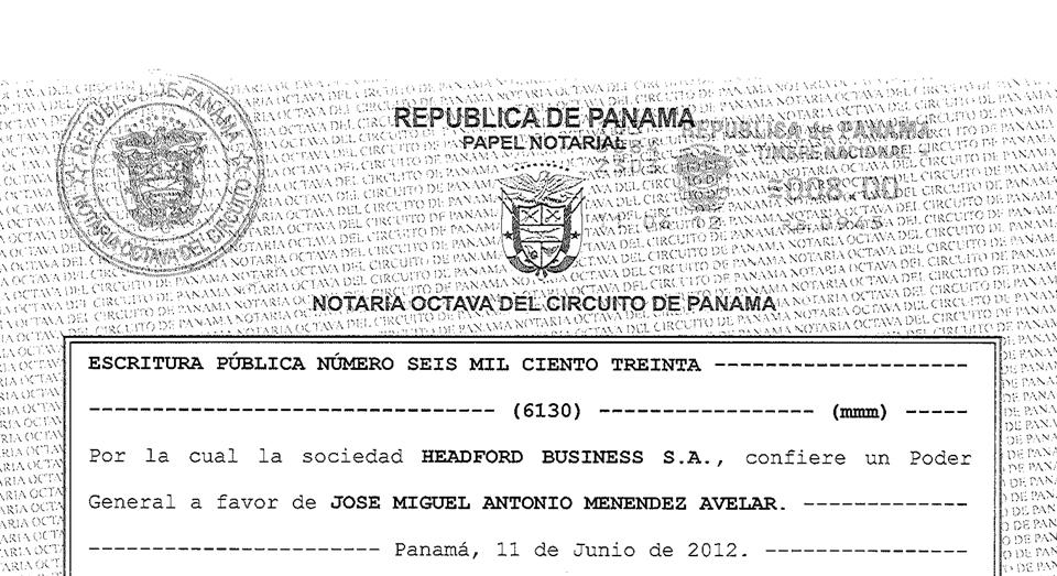 Detalle del documento por el que el entonces presidente de Headford, el oficinista José Jaime Meléndez, otorgó el control de la empresa al empresario salvadoreño José Miguel Antonio Menéndez Avelar, Mecafé.  El documento es parte de los #PanamáPapers del bufete panameño Mossack Fonseca.